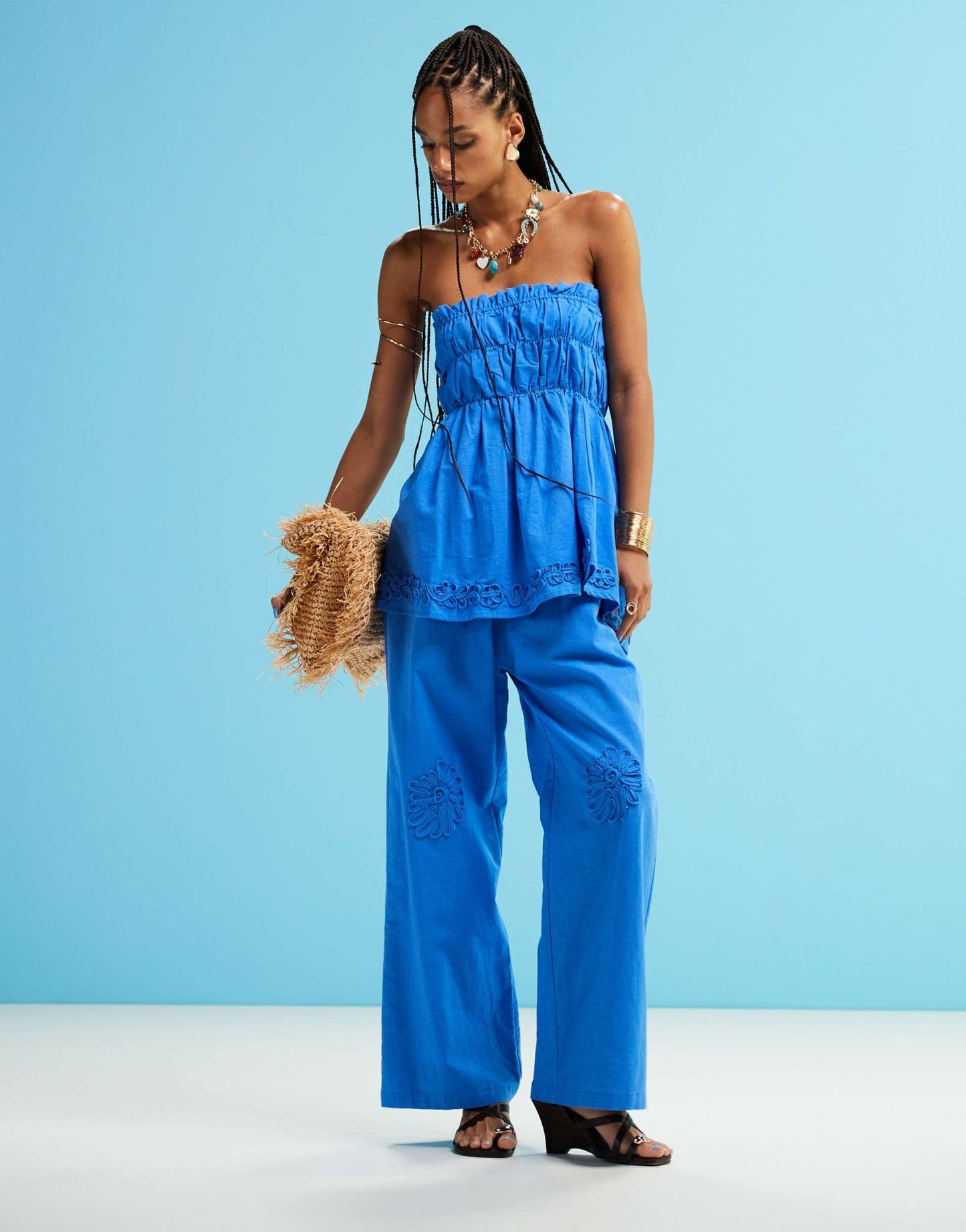 SNDYS linen blend poplin flower applique wide leg trousers in bright blue - ASOS Sample Sale