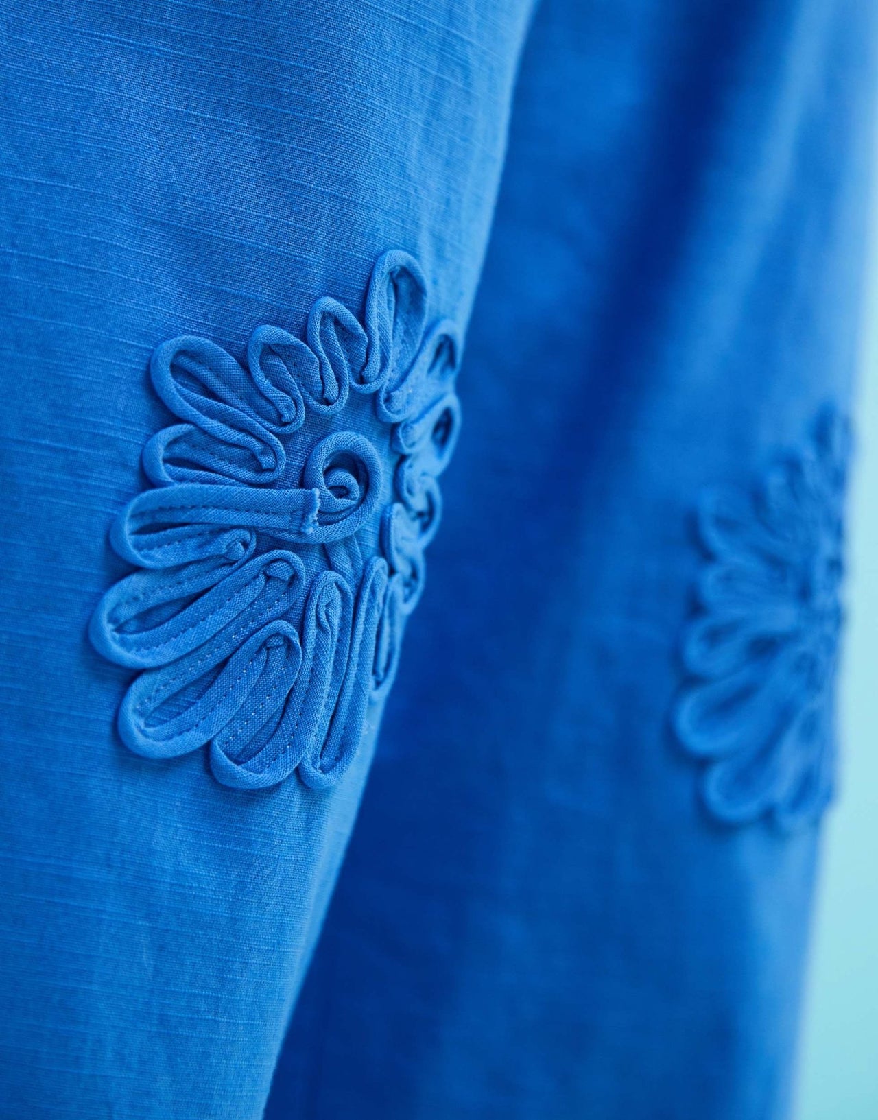 SNDYS linen blend poplin flower applique wide leg trousers in bright blue - ASOS Sample Sale