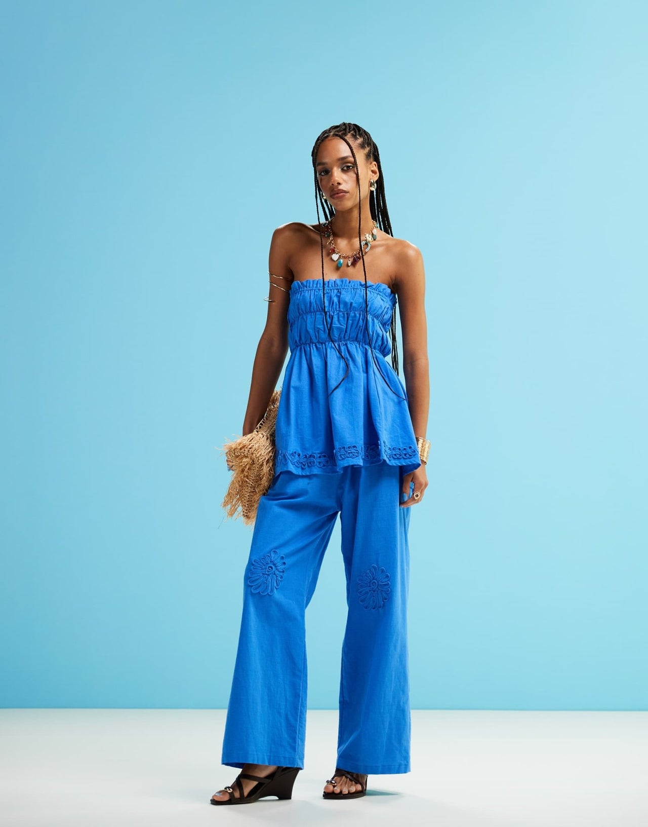 SNDYS linen blend poplin ruched bandeau longline flower applique top in bright blue - ASOS Sample Sale
