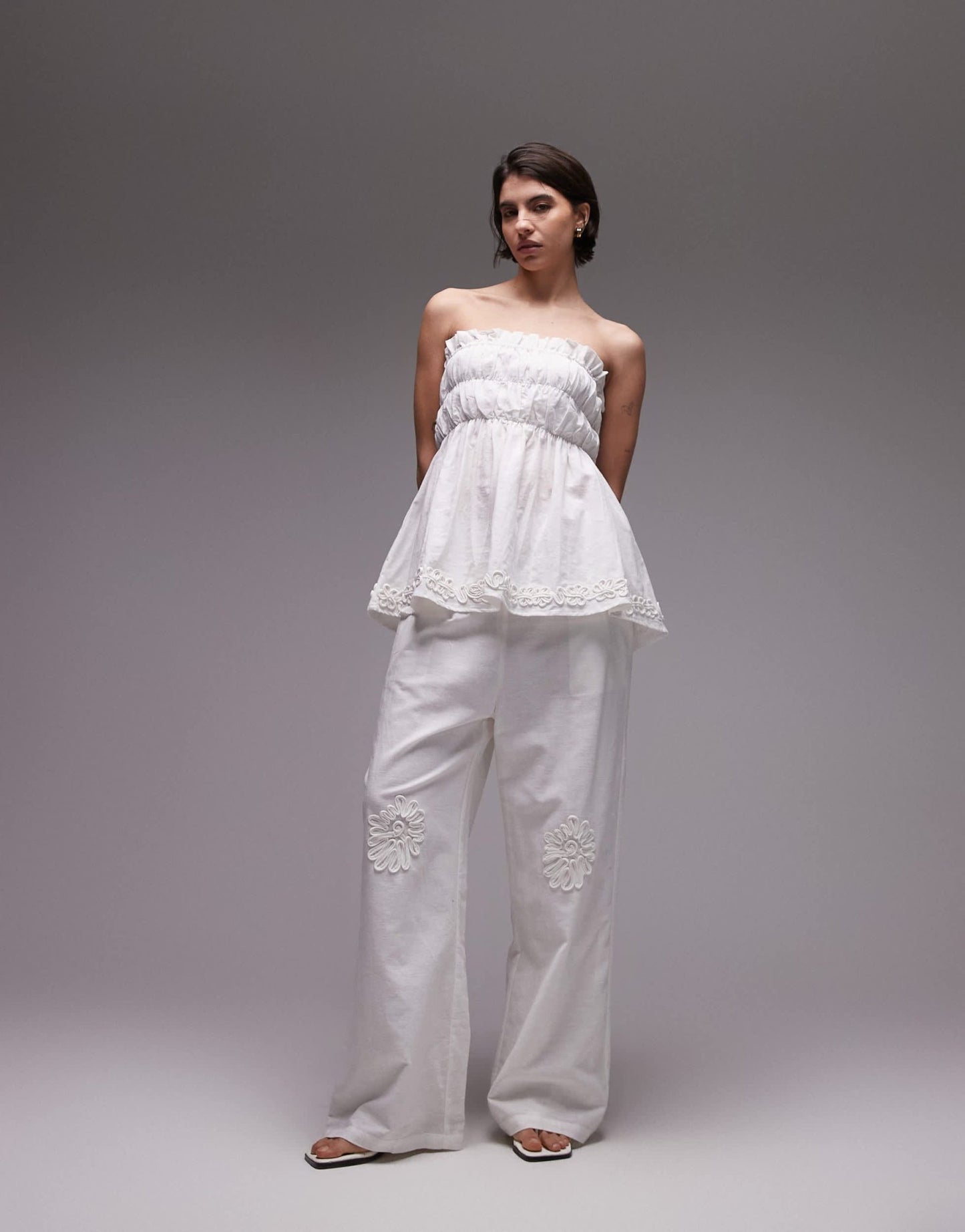 SNDYS linen blend ruched bandeau longline flower applique top co-ord in white - ASOS Sample Sale