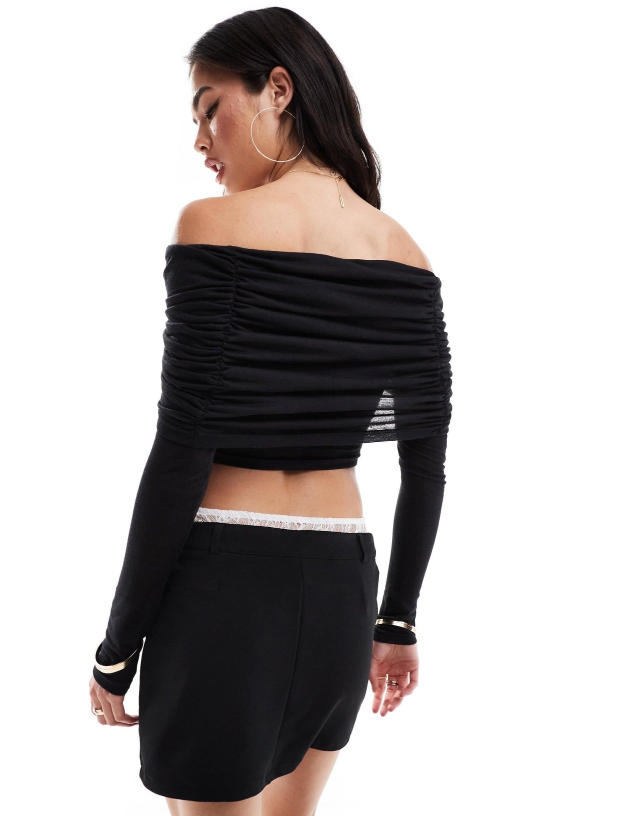 SNDYS mesh bardot twist overlay detail top in black - ASOS Sample Sale