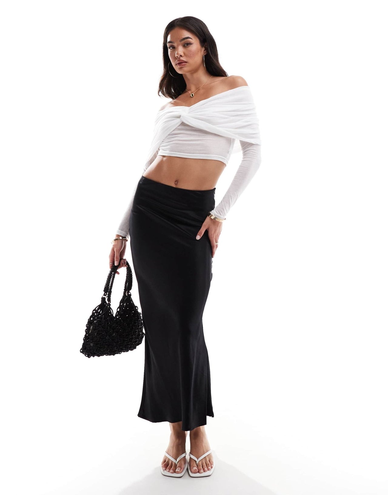 SNDYS mesh bardot twist overlay detail top in white - ASOS Sample Sale