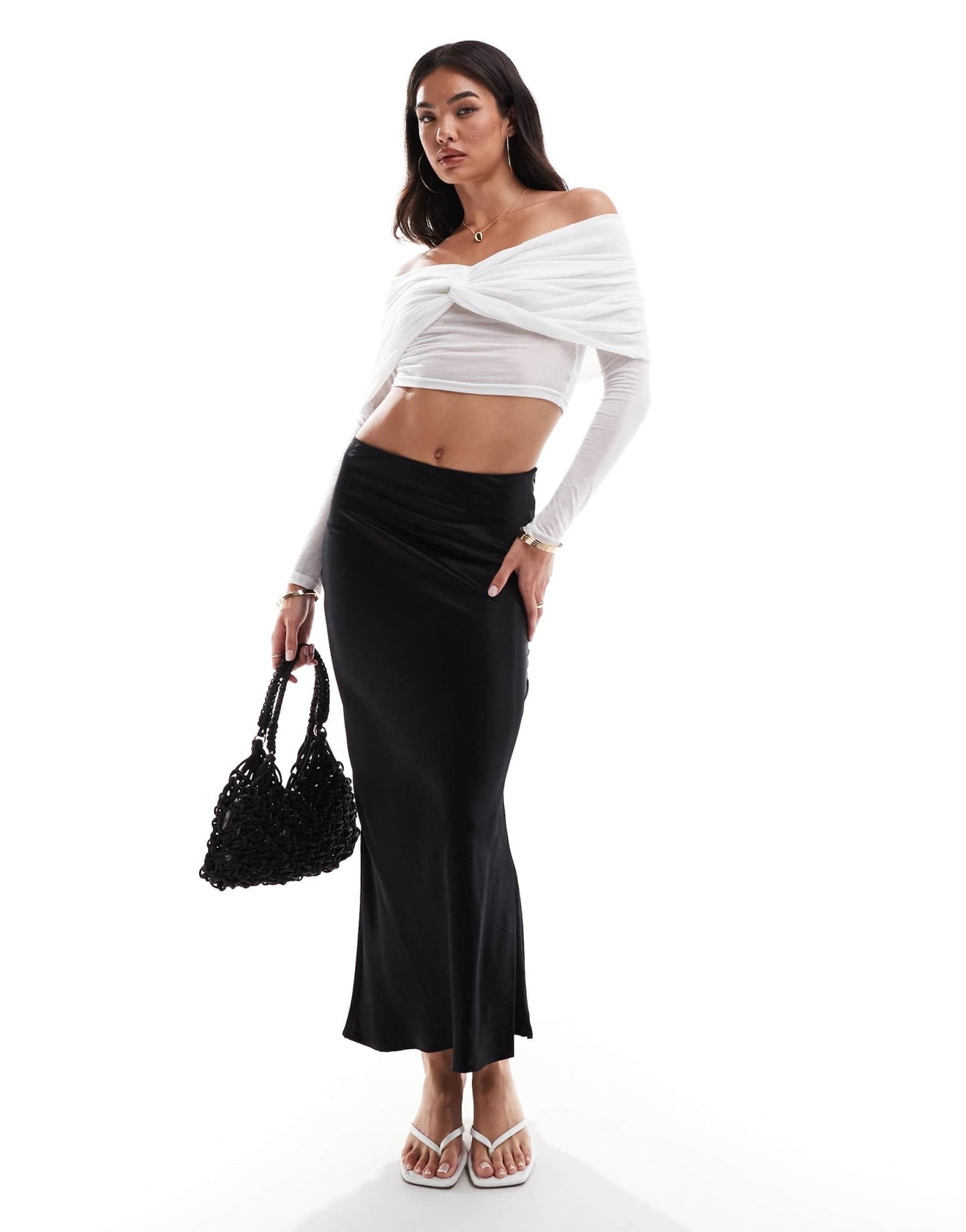 SNDYS mesh bardot twist overlay detail top in white - ASOS Sample Sale