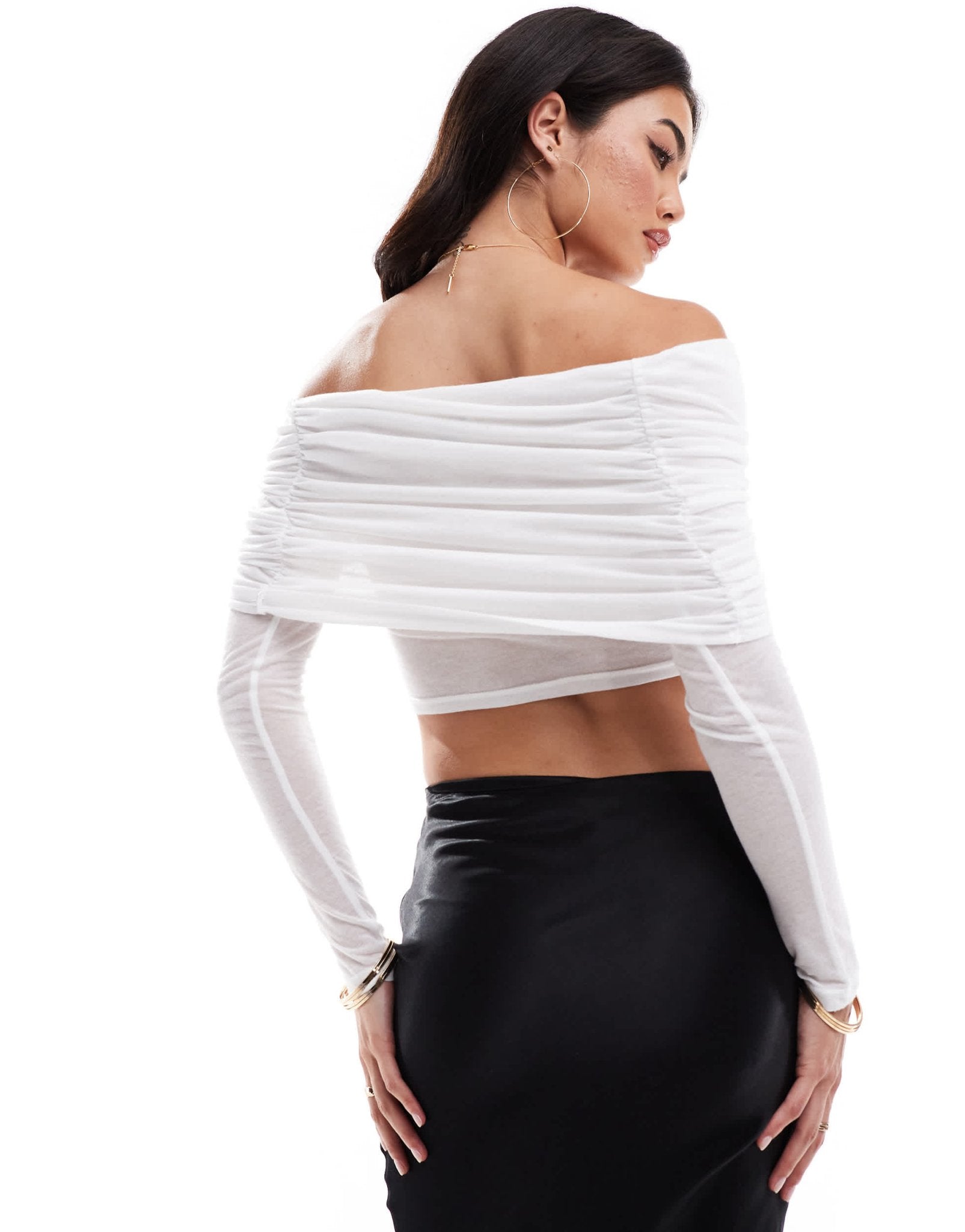 SNDYS mesh bardot twist overlay detail top in white - ASOS Sample Sale