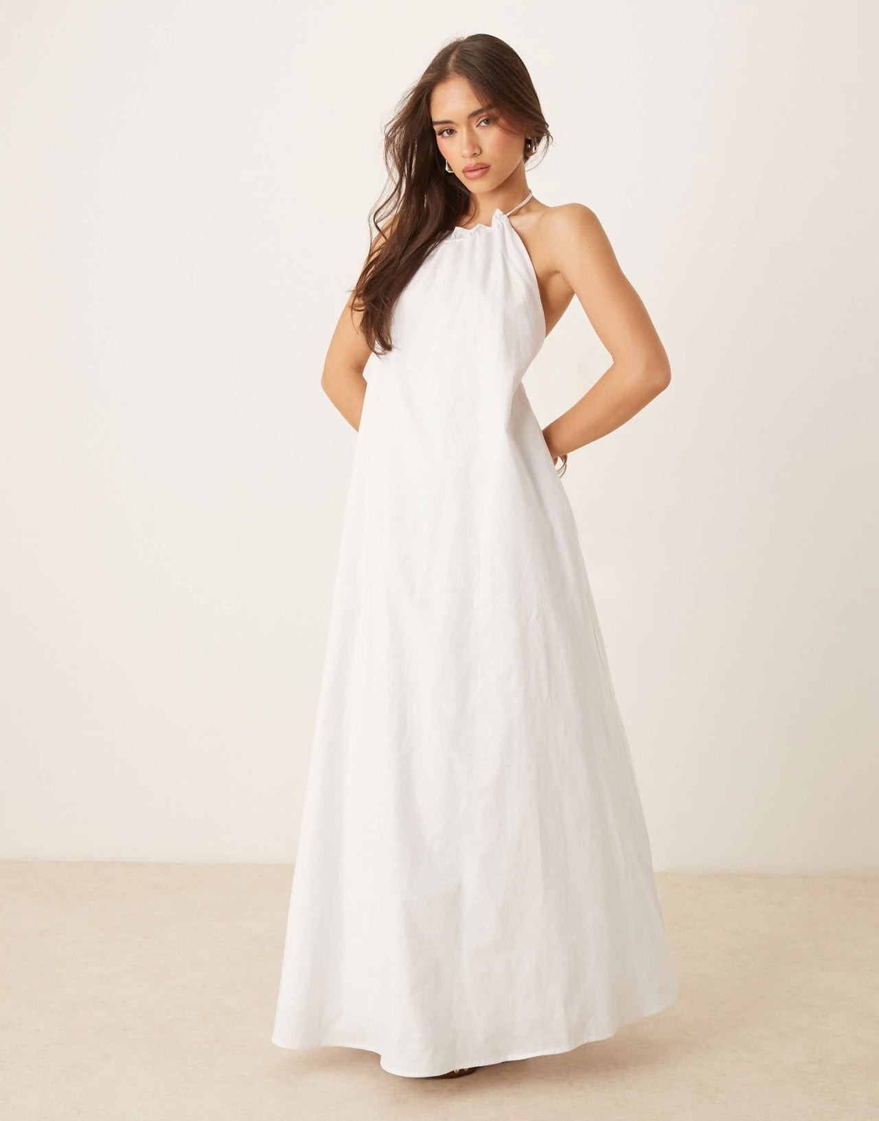 SNDYS poplin linen blend halterneck open back maxi dress in white - ASOS Sample Sale