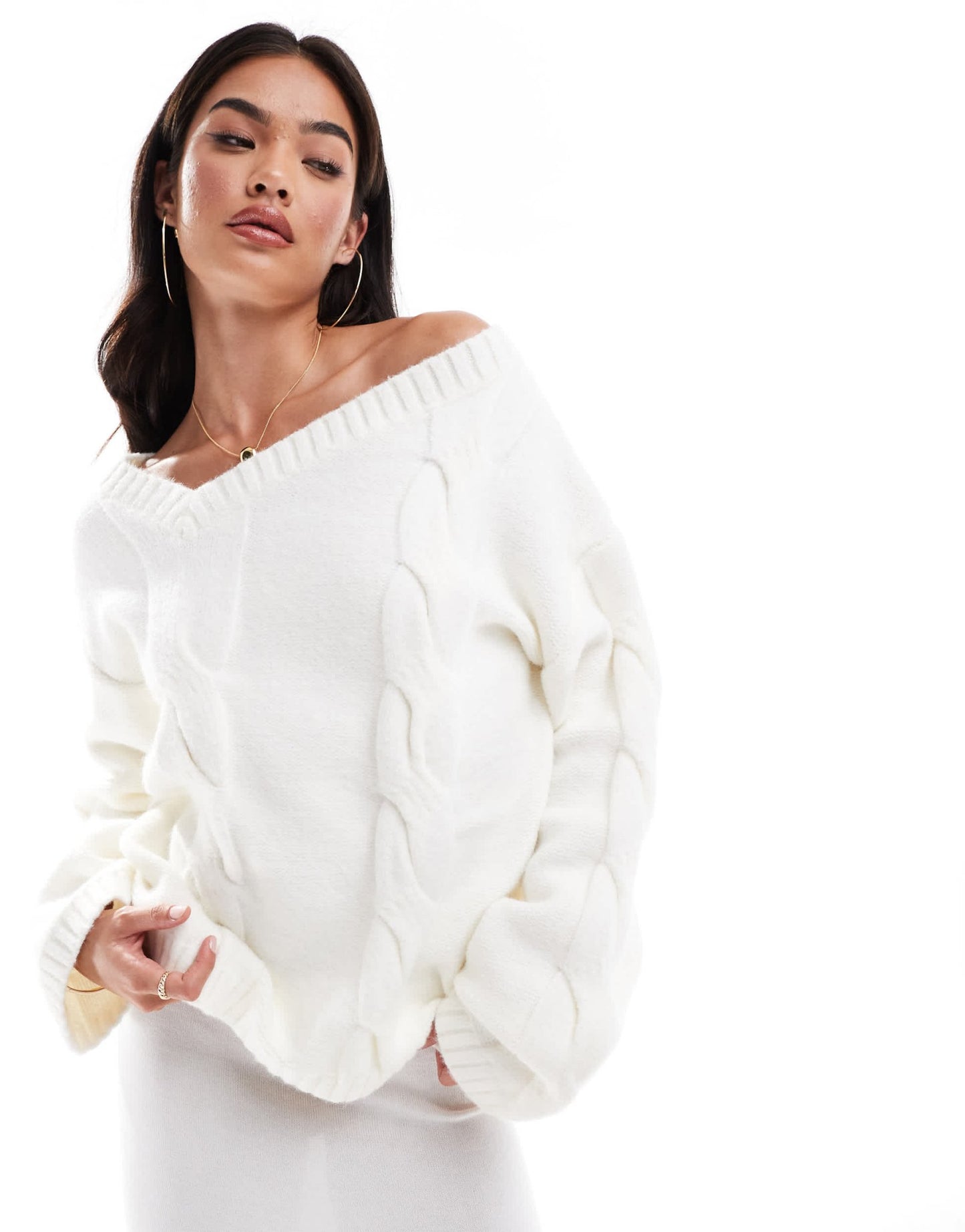 SNDYS premium asymmetric v neck cable knit jumper co - ord in cream - ASOS Sample Sale