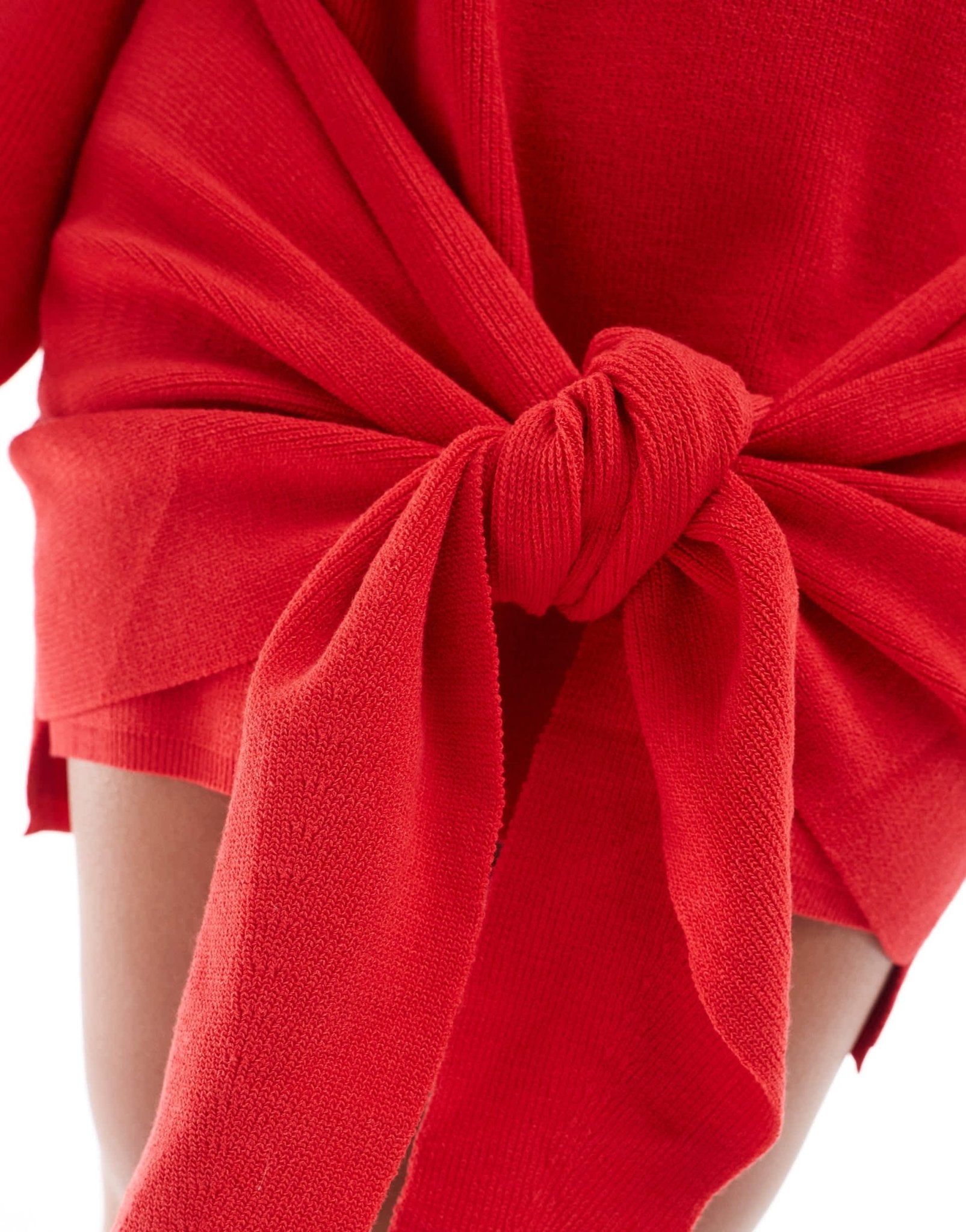 SNDYS premium knitted knot front drape detail mini jumper dress in red - ASOS Sample Sale