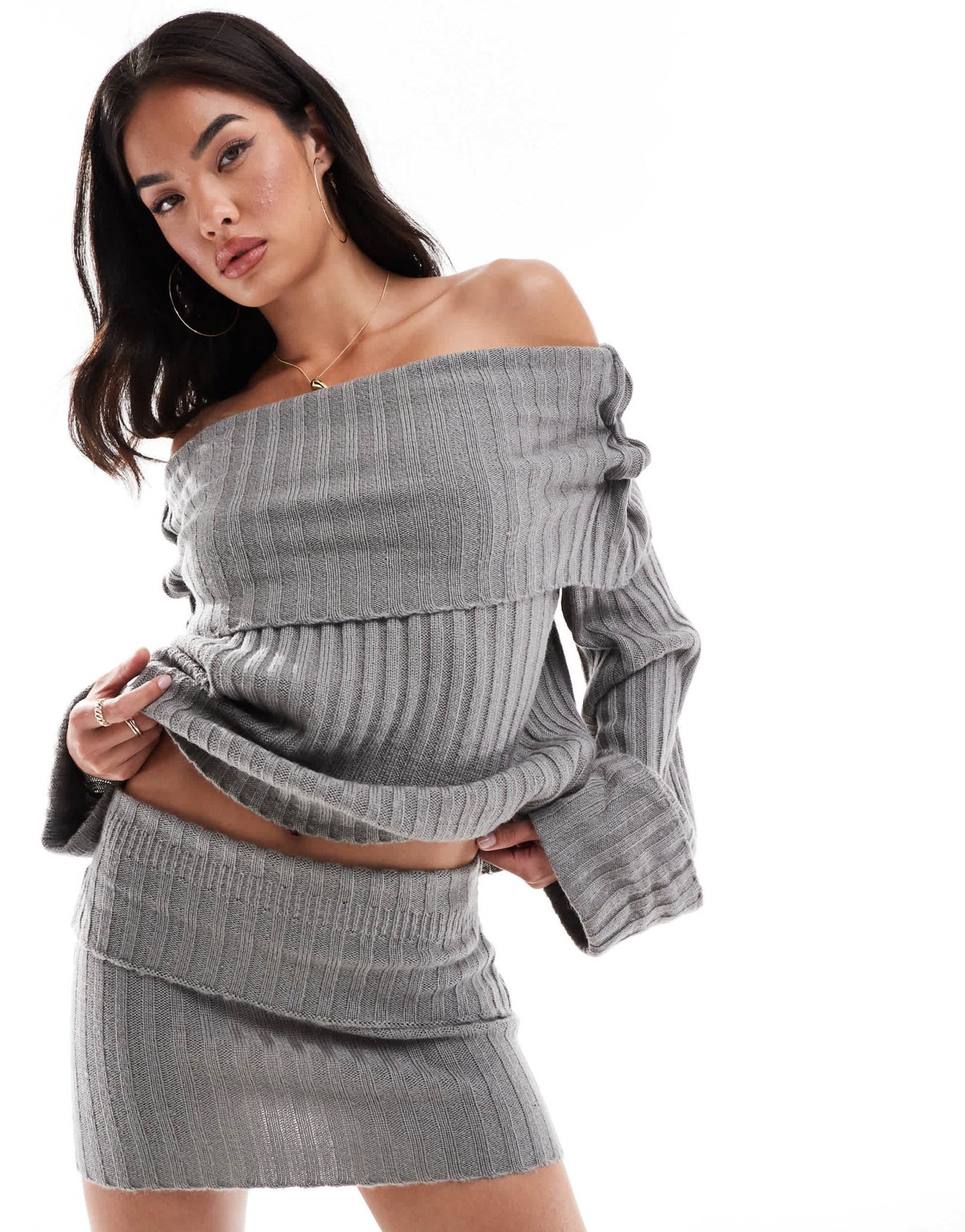 SNDYS ribbed knit folded waist mini skirt co - ord in grey - ASOS Sample Sale