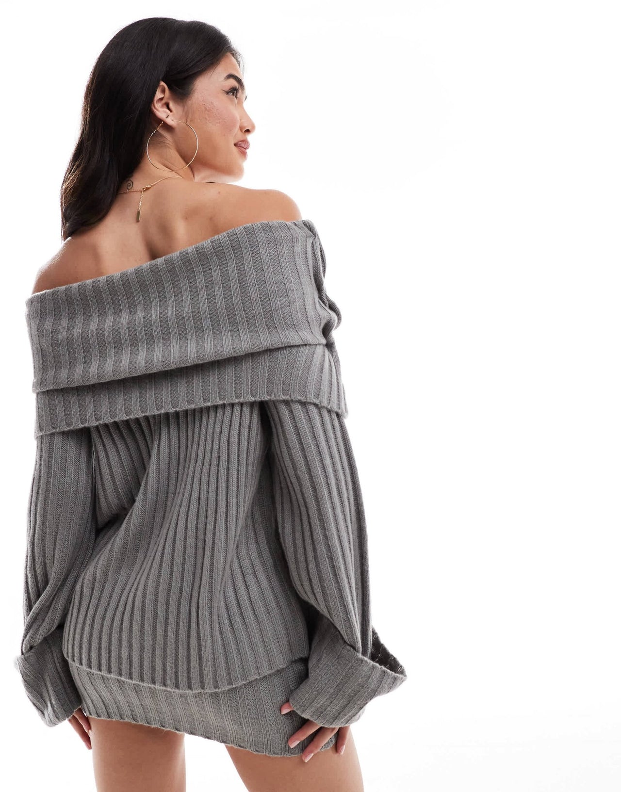 SNDYS ribbed knit foldover wide sleeve bardot jumper co - ord in grey - ASOS Sample Sale
