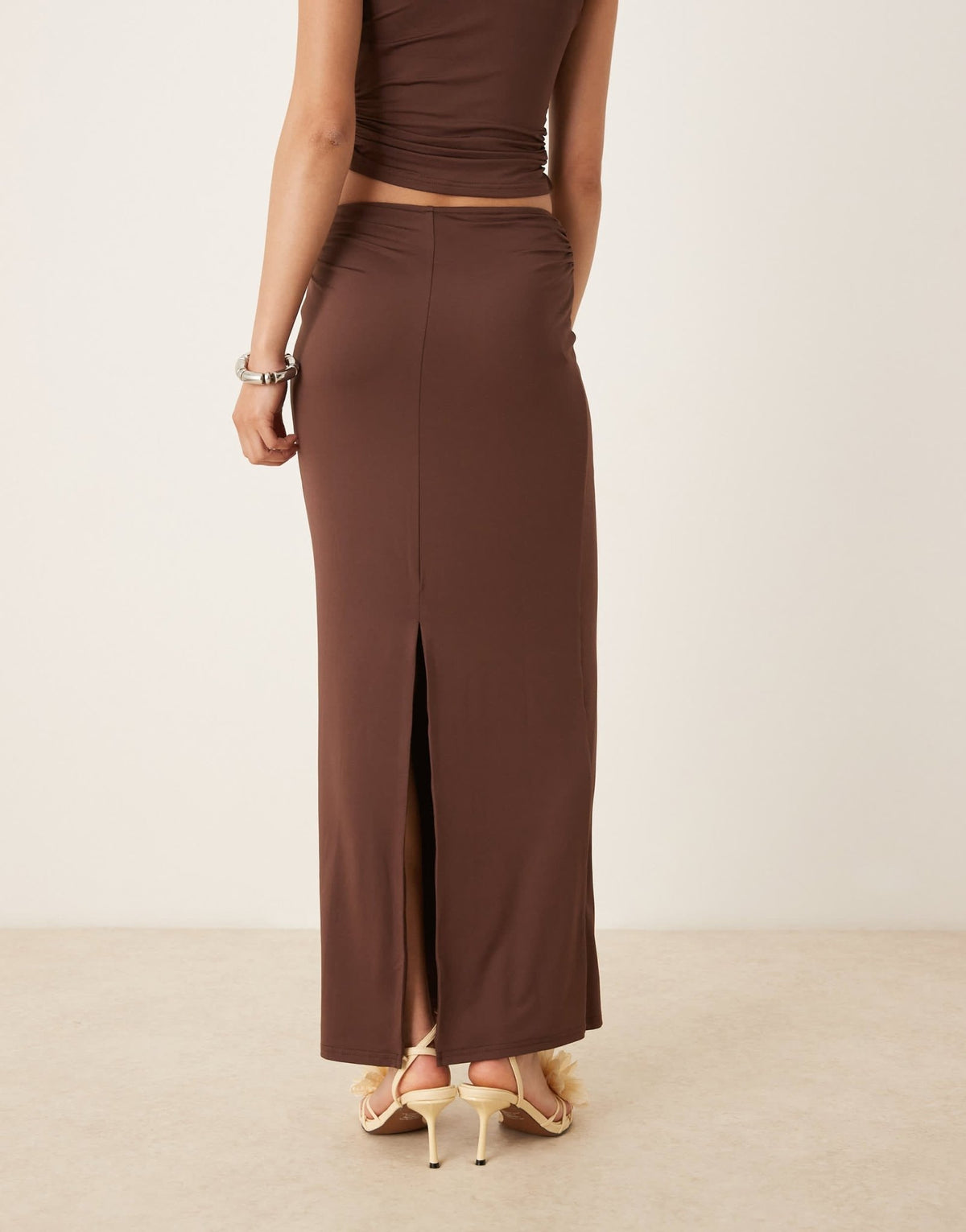 SNDYS ruched detail back split maxi skirt co-ord in chocolate - ASOS Sample Sale