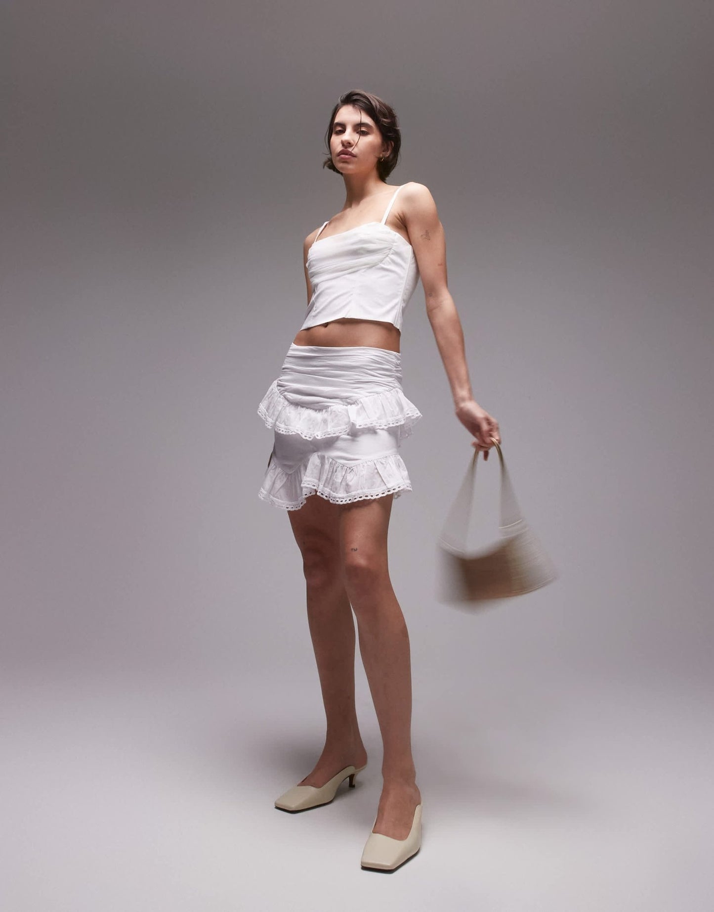 SNDYS ruffle broderie trim mini skirt in white - ASOS Sample Sale