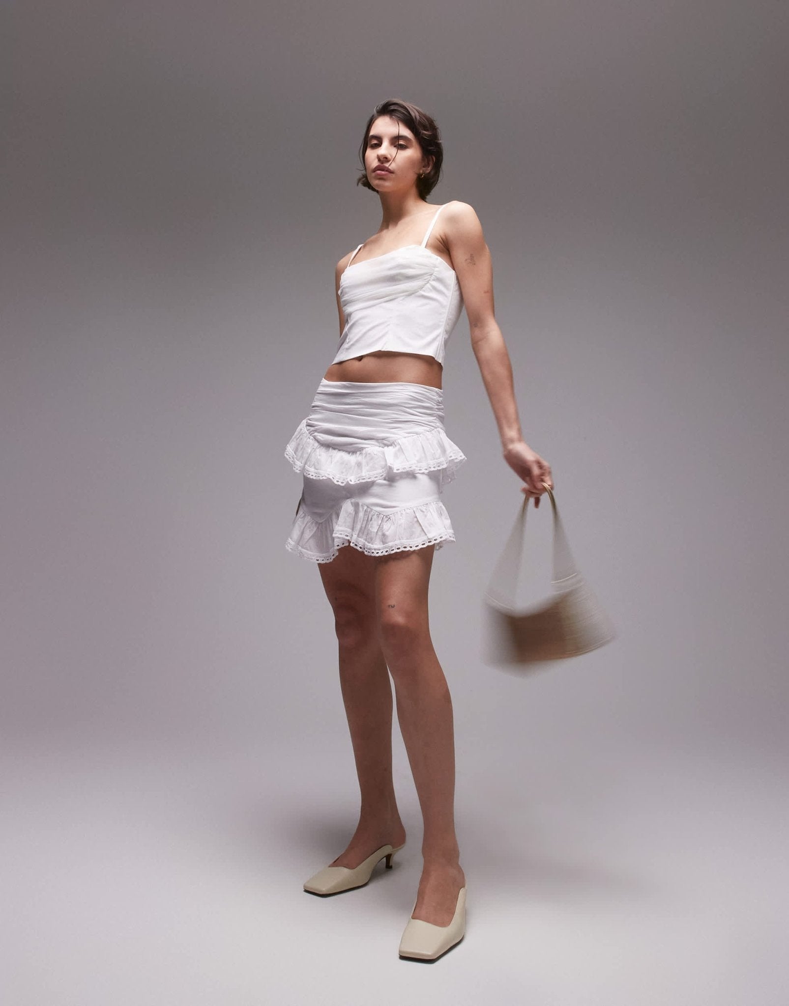 SNDYS ruffle broderie trim mini skirt in white - ASOS Sample Sale