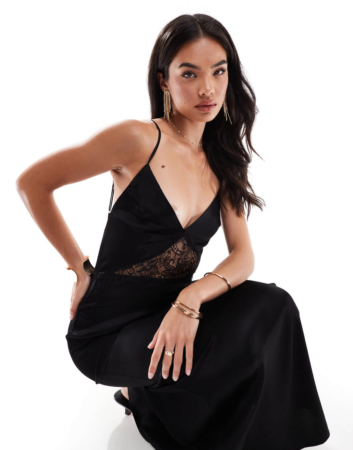 SNDYS satin cami lace insert backless maxi dress in black - ASOS Sample Sale