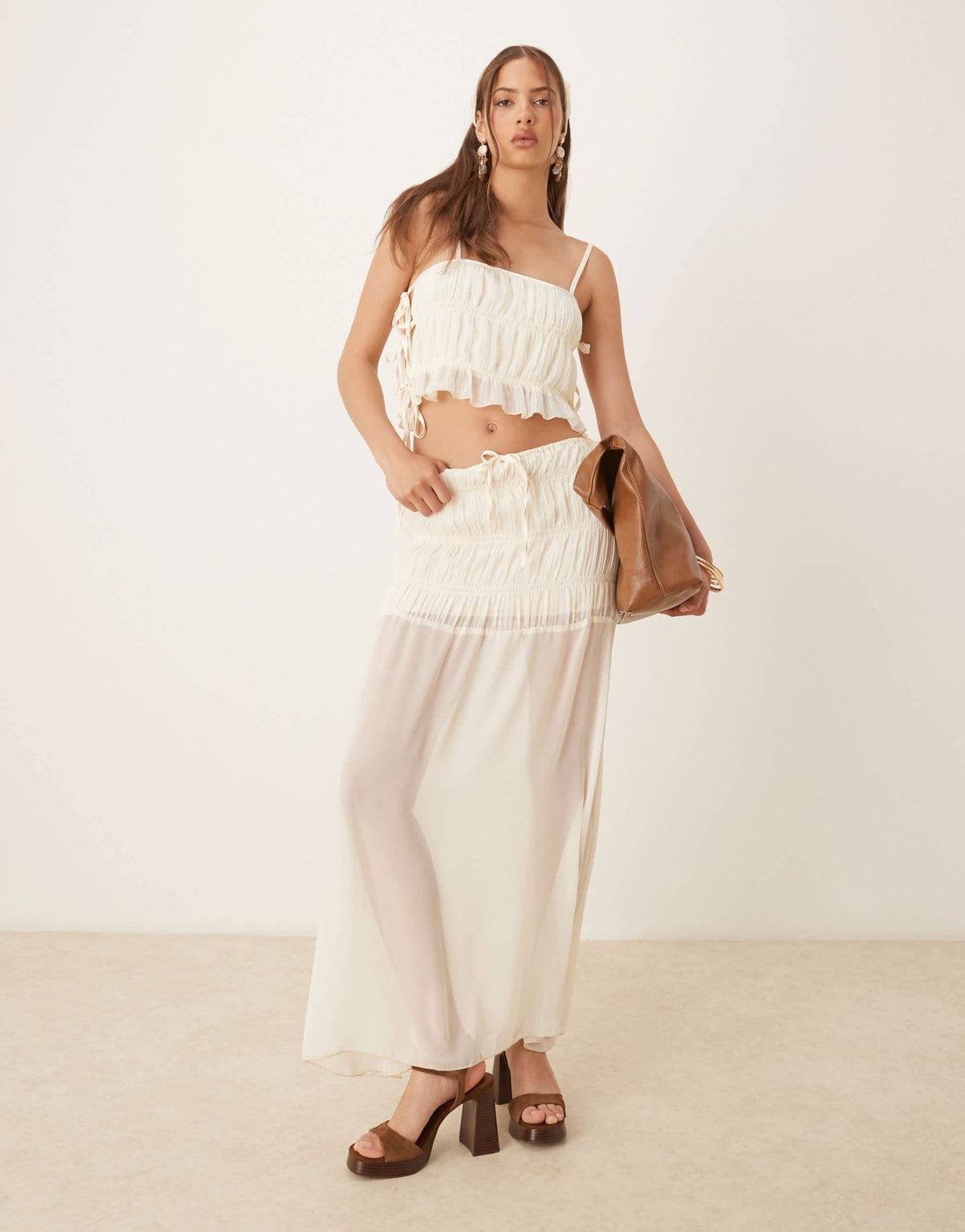 SNDYS shirred detail sheer hem maxi skirt co-ord in cream - ASOS Sample Sale