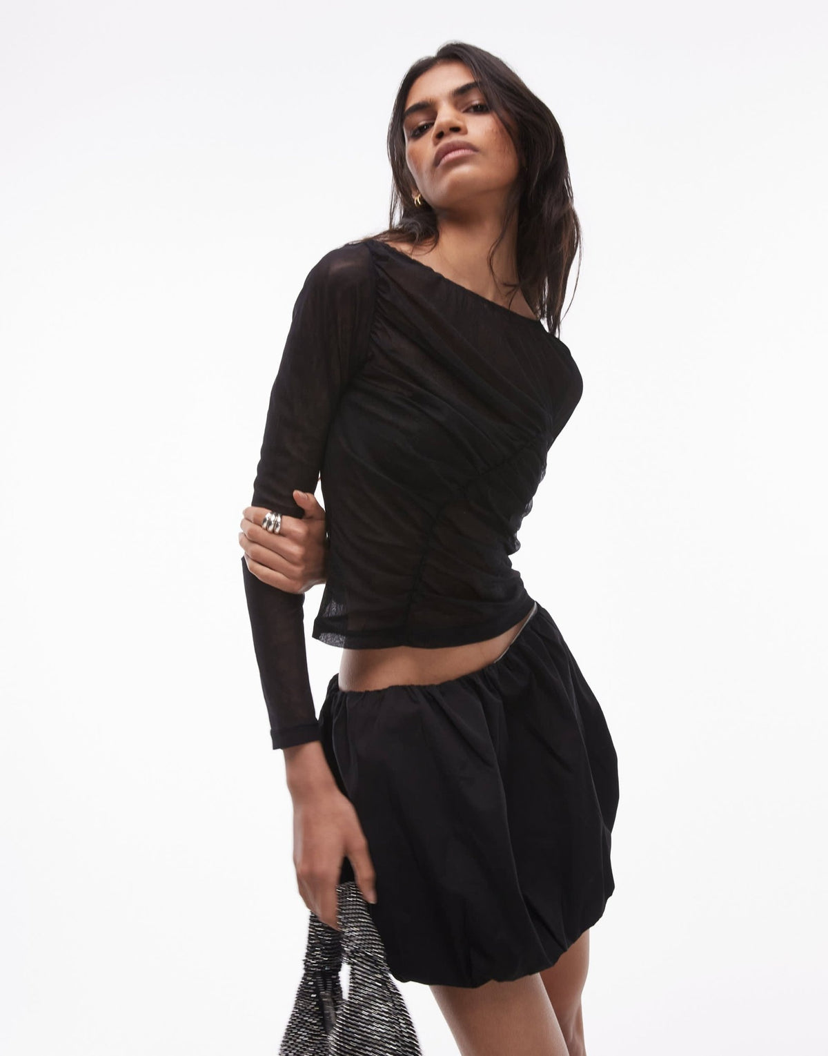 SNDYS slash neck cropped mesh long sleeve top in black - ASOS Sample Sale