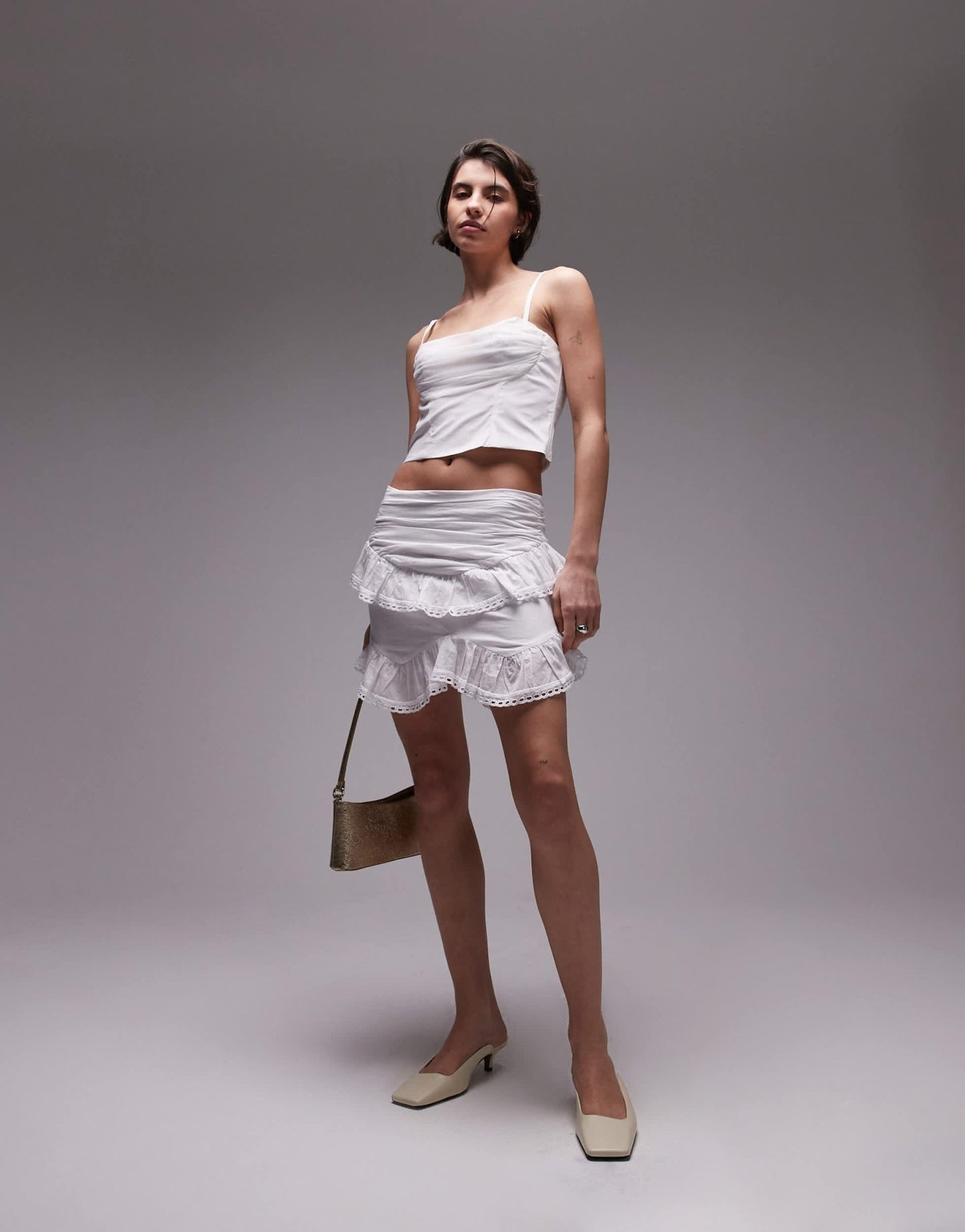 SNDYS strappy poplin ruched mesh bust sweetheart neck top in white - ASOS Sample Sale