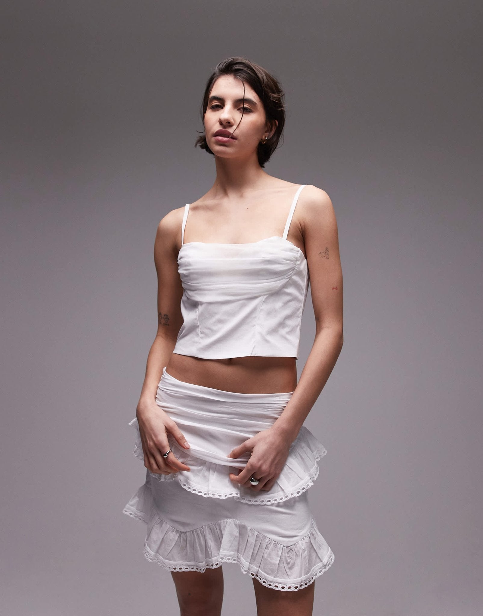 SNDYS strappy poplin ruched mesh bust sweetheart neck top in white - ASOS Sample Sale
