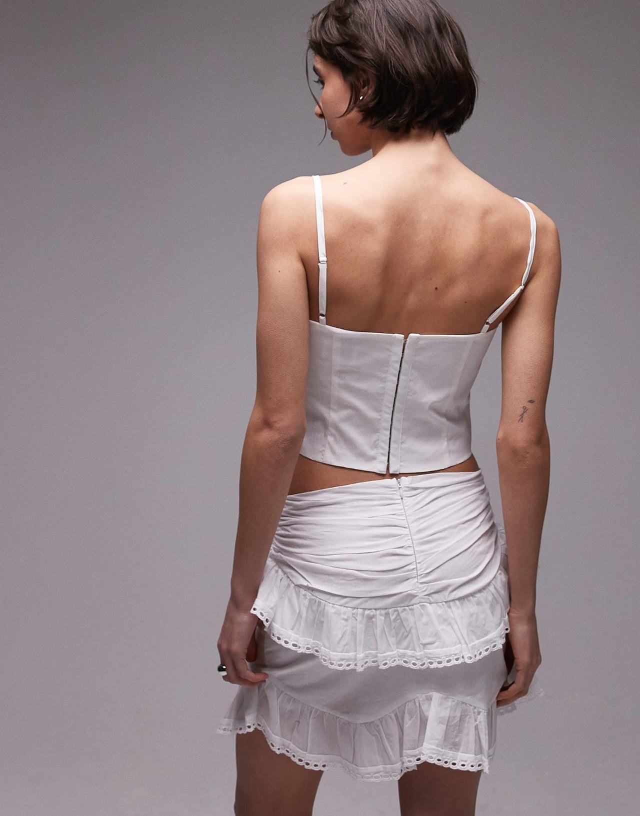 SNDYS strappy poplin ruched mesh bust sweetheart neck top in white - ASOS Sample Sale