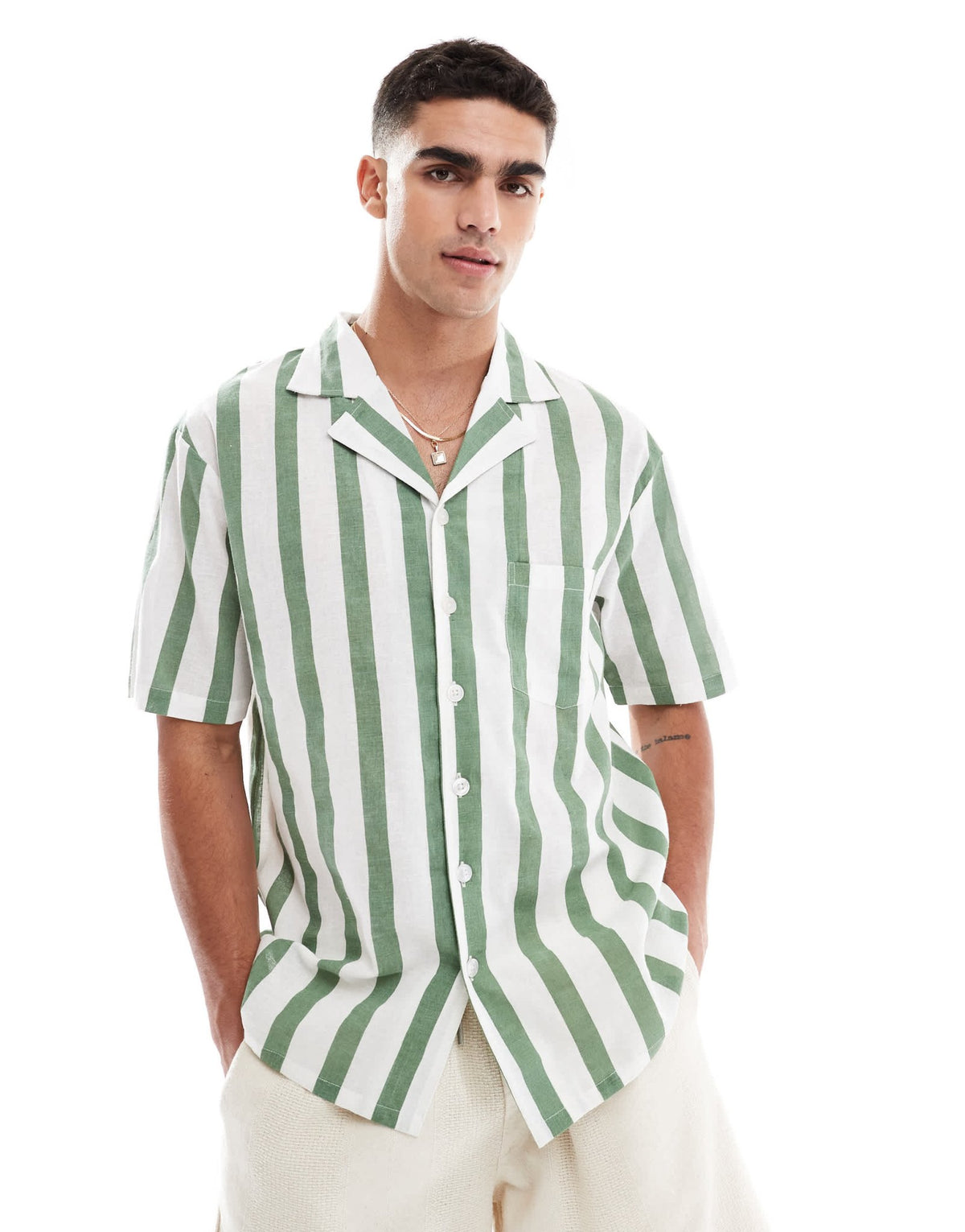 Sol Beach stripe beach shirt in khaki and white - ASOS Sample Sale