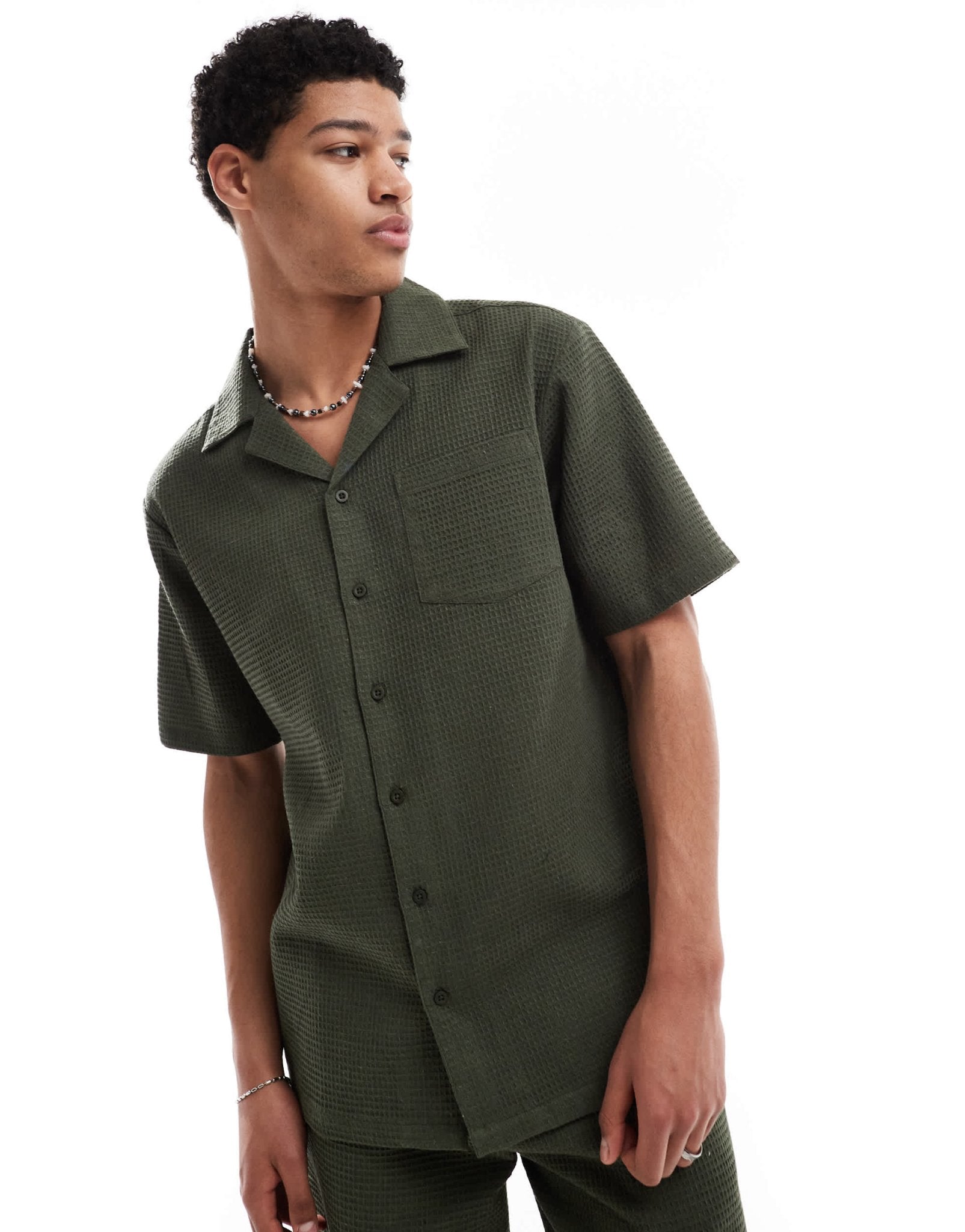 Sol Beach waffle beach shirt in khaki - ASOS Sample Sale