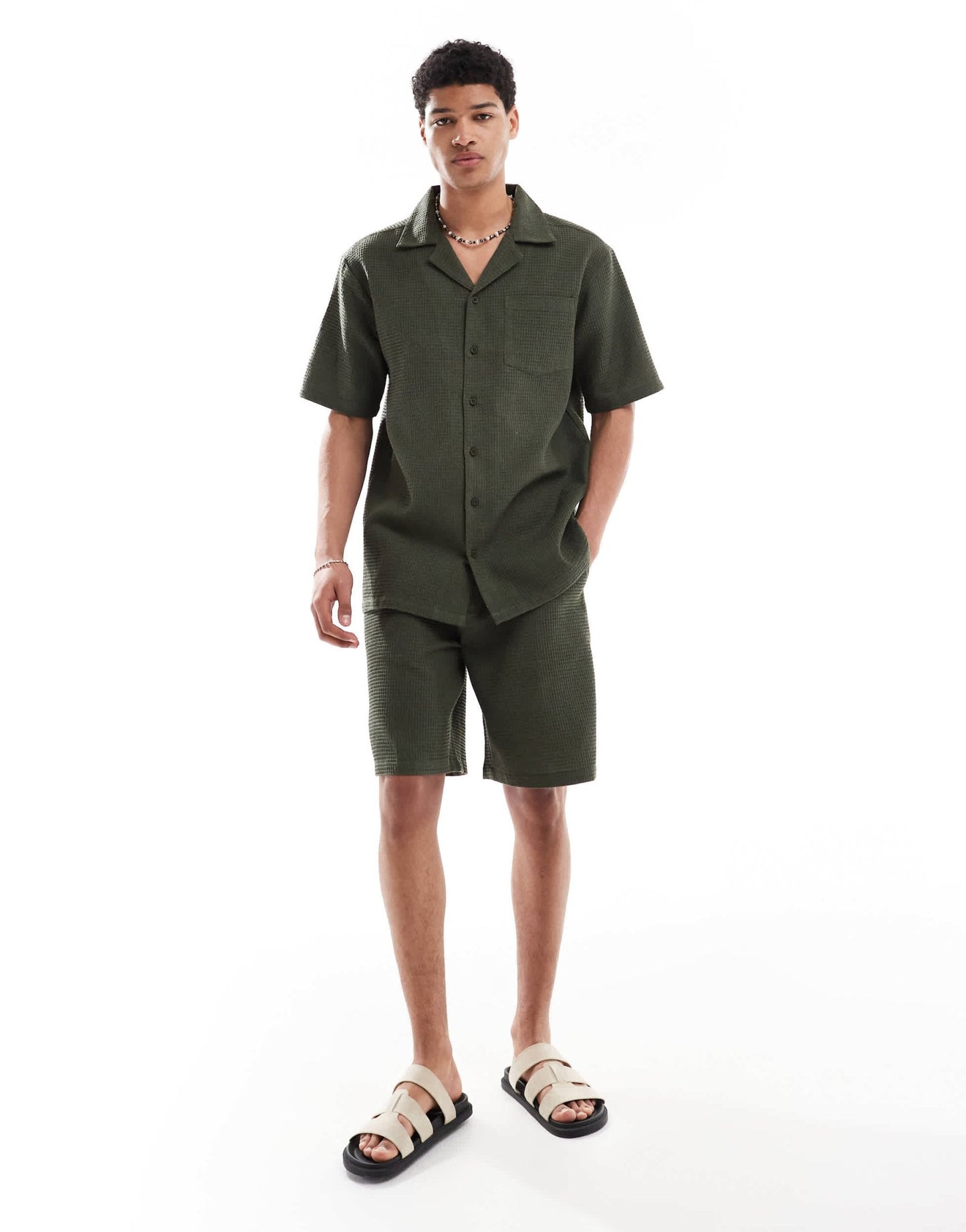 Sol Beach waffle beach shirt in khaki - ASOS Sample Sale