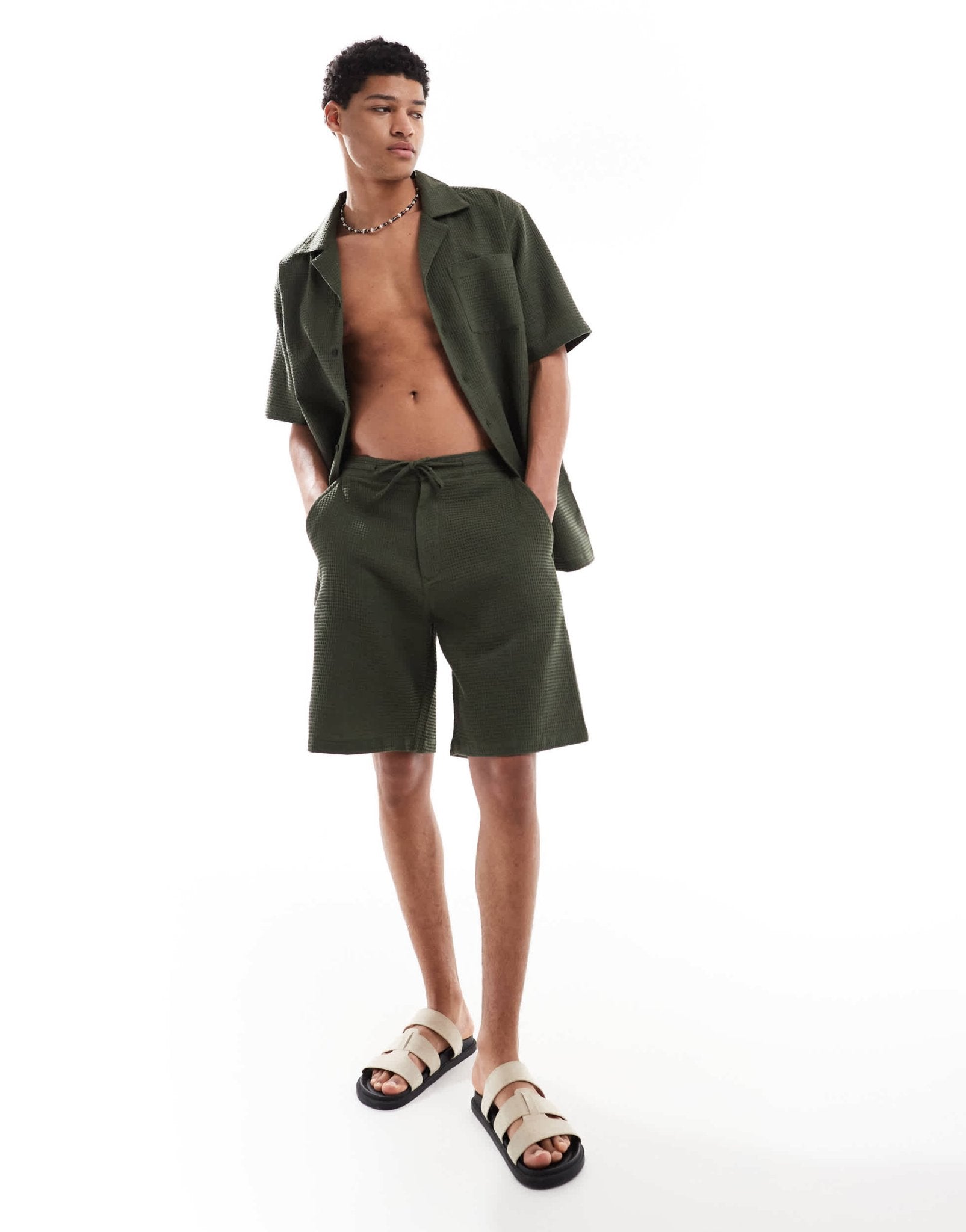 Sol Beach waffle beach short in khaki - ASOS Sample Sale