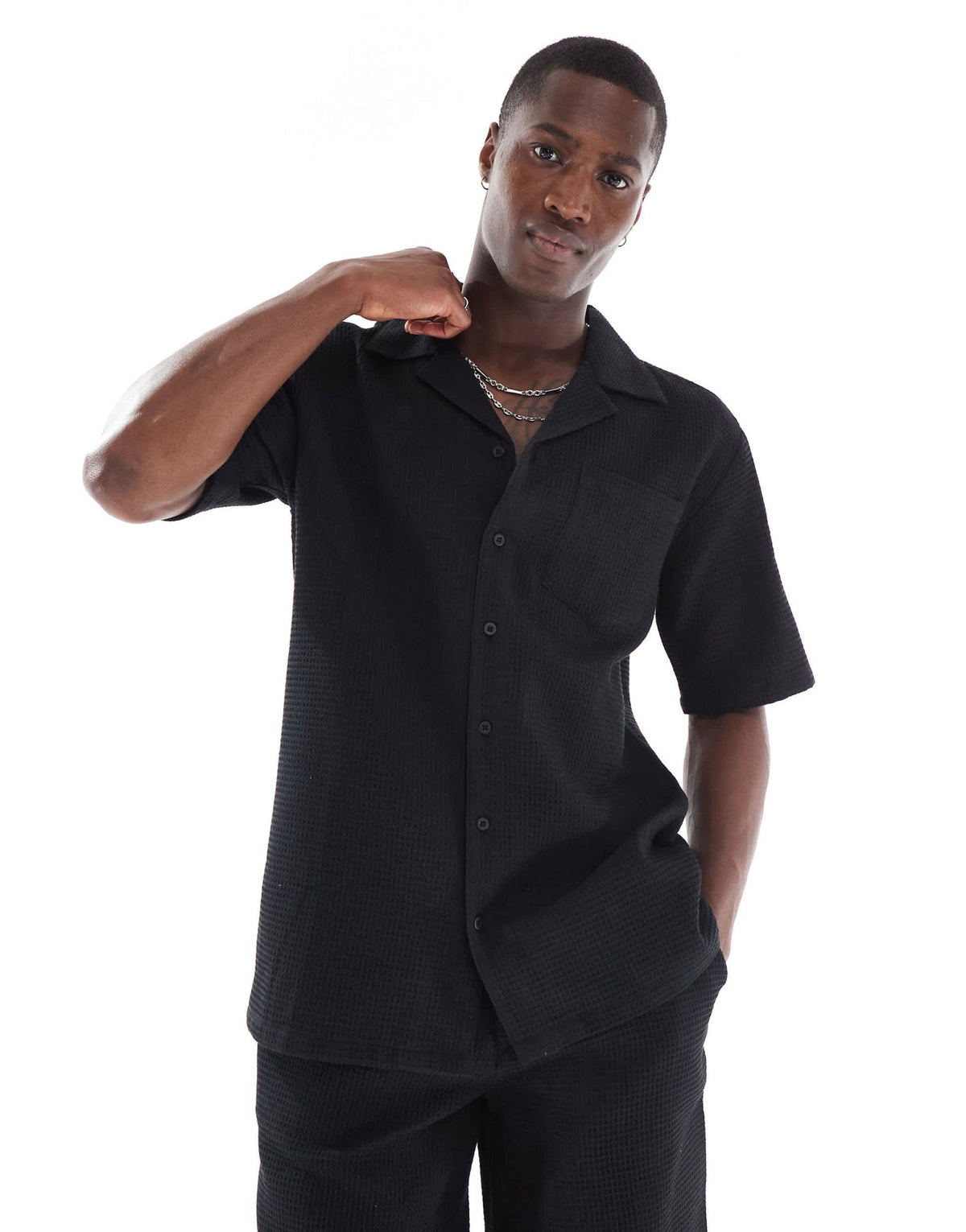 Sol Beach waffle short sleeve beach shirt in black - ASOS Sample Sale