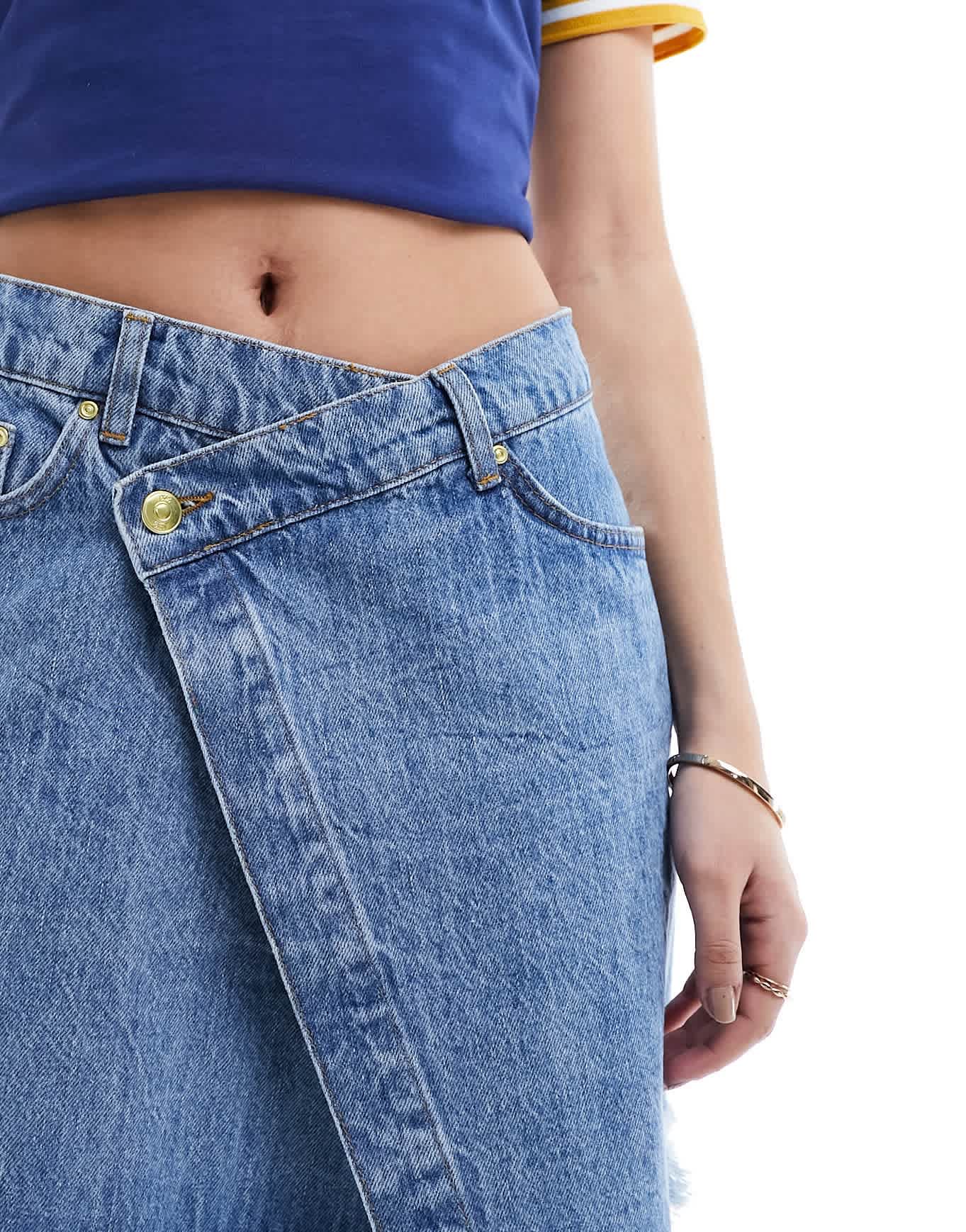 Something New Denim asymmetric mini skirt in medium blue wash - ASOS Sample Sale