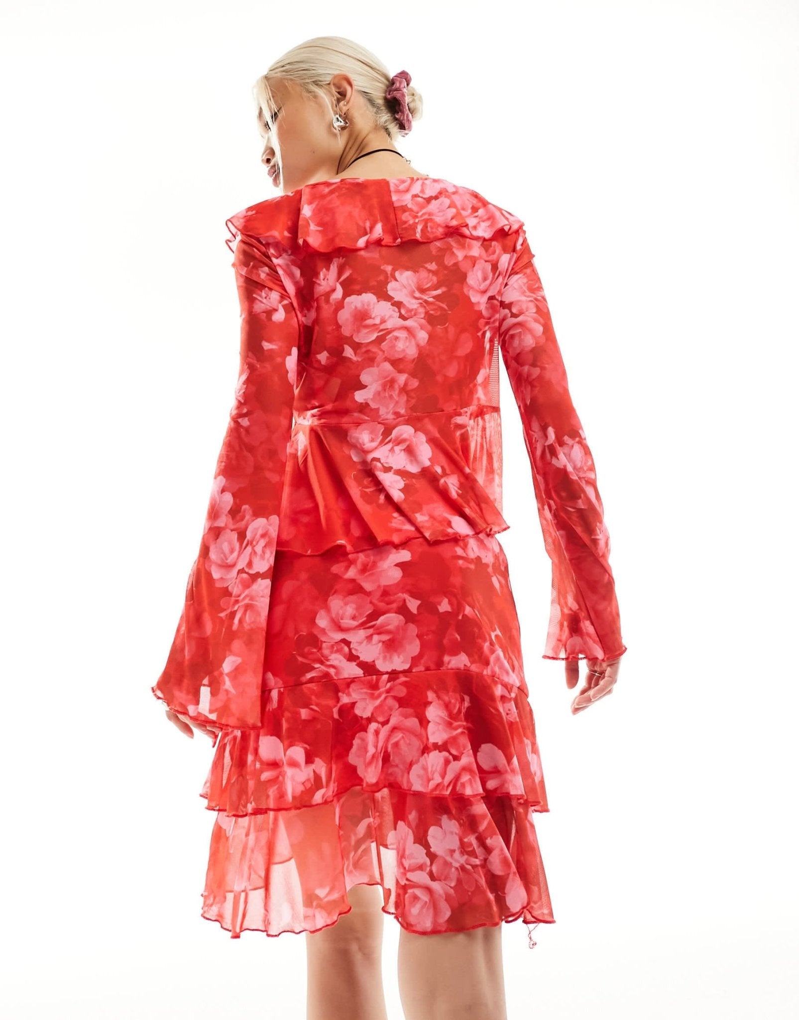 Something New X Chloe Frater mesh frill detail mini skirt co - ord in red washed floral - ASOS Sample Sale