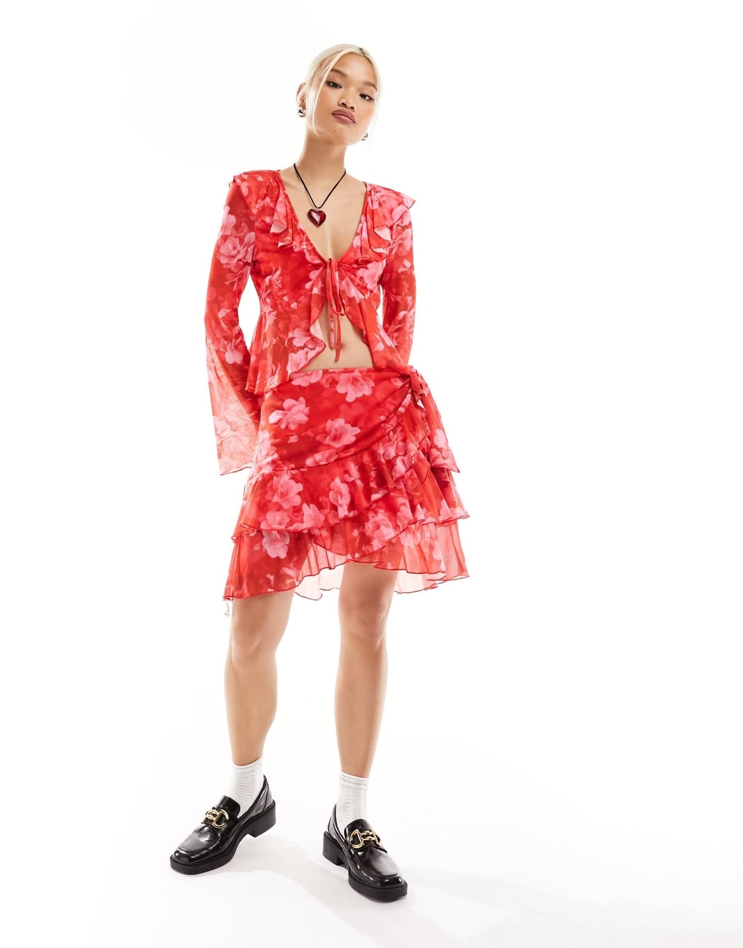 Something New X Chloe Frater mesh frill detail mini skirt co - ord in red washed floral - ASOS Sample Sale
