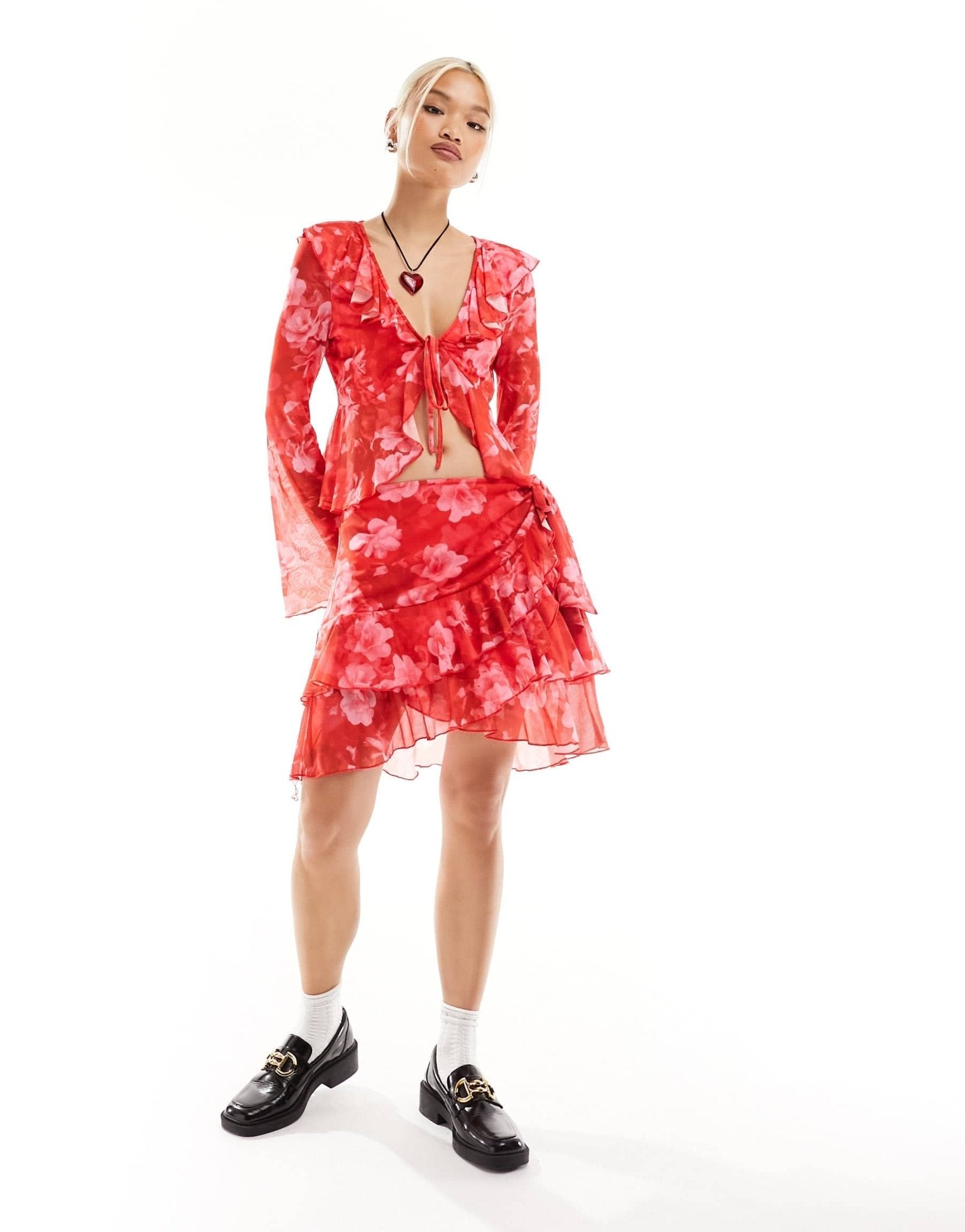 Something New X Chloe Frater mesh frill detail mini skirt co - ord in red washed floral - ASOS Sample Sale