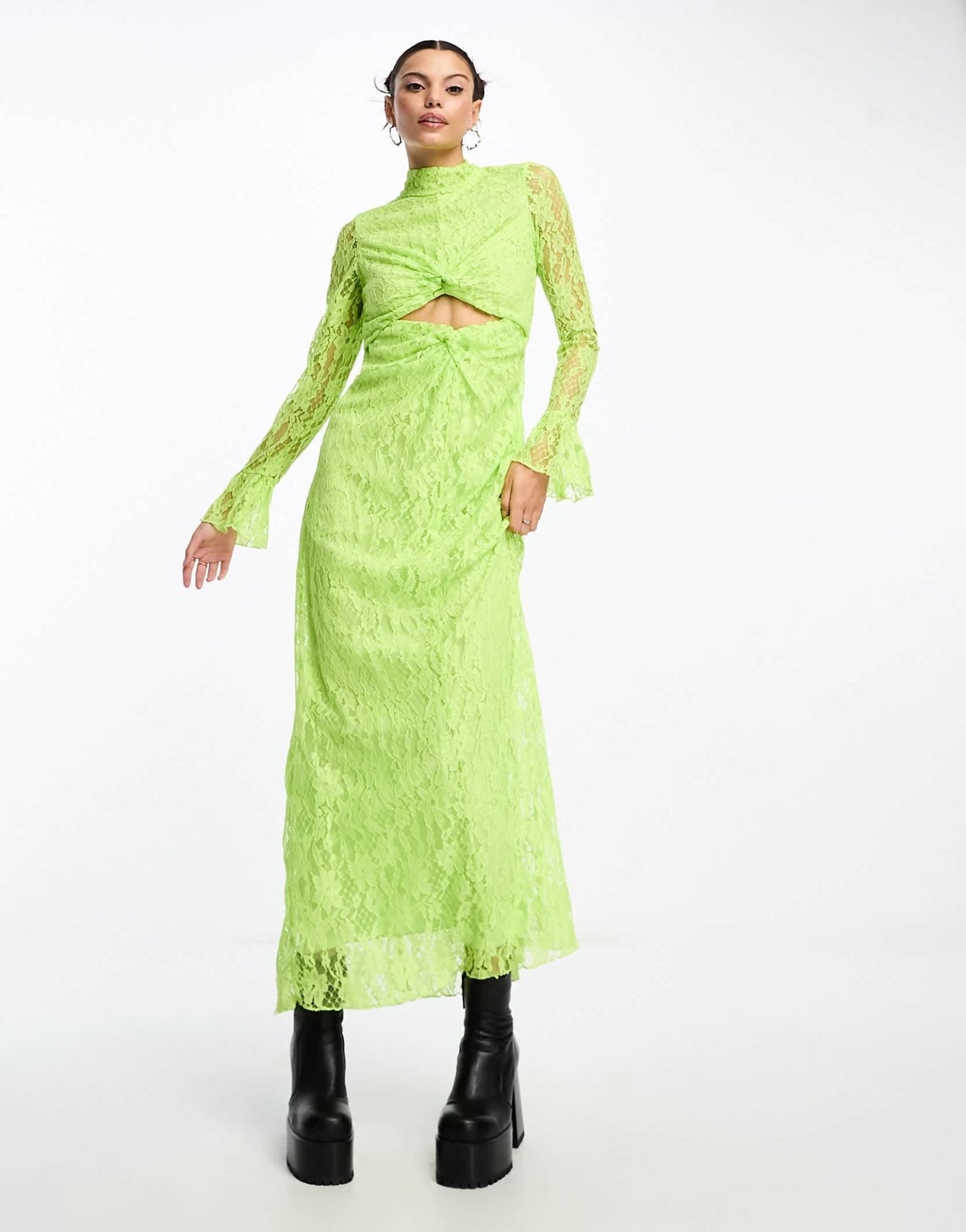 Something New x Lame. Cobain high neck lace maxi dress with cut outs in acidic lime green - ASOS Sample Sale