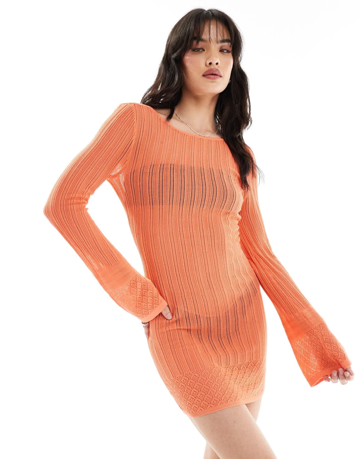 Something New X Larissa Marielle Wehr sheer crochet mini dress in sunset orange - ASOS Sample Sale
