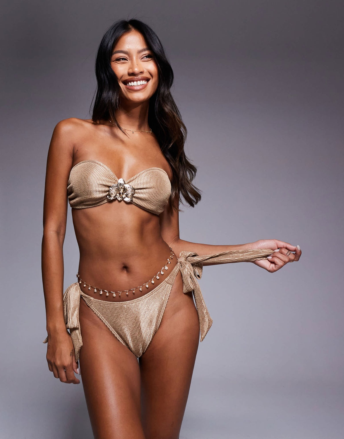 South Beach crinkle bandeau bikini top with gold flower detail in caramel - ASOS Sample Sale