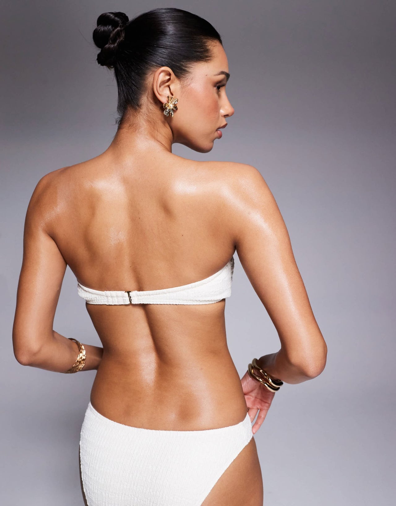 South Beach crinkle bandeau gold flower bikini top in cream - ASOS Sample Sale