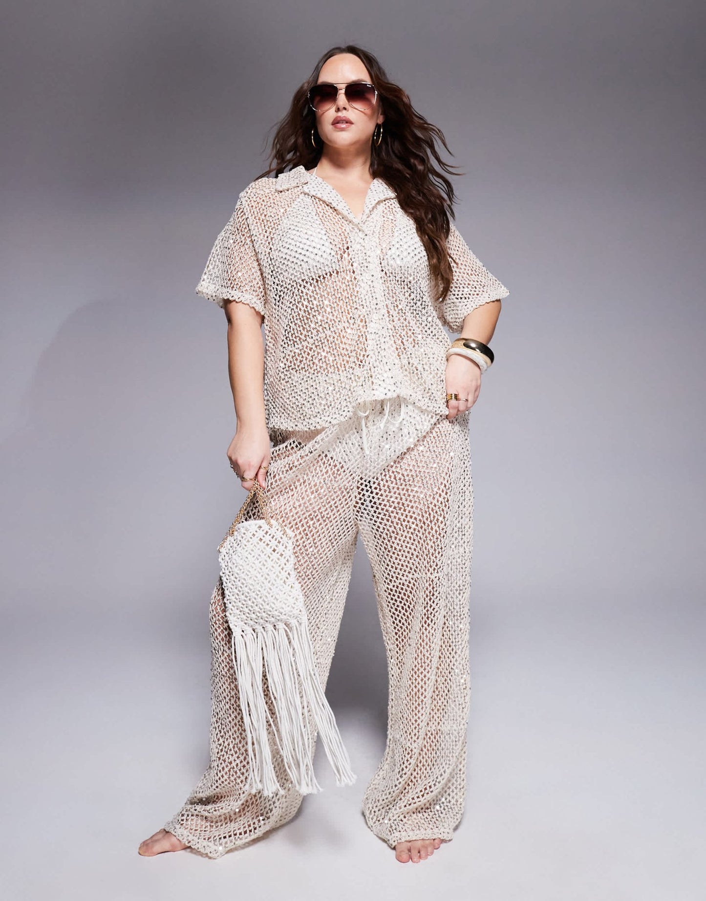 South Beach Curve crochet beach shirt co-ord in cream - ASOS Sample Sale