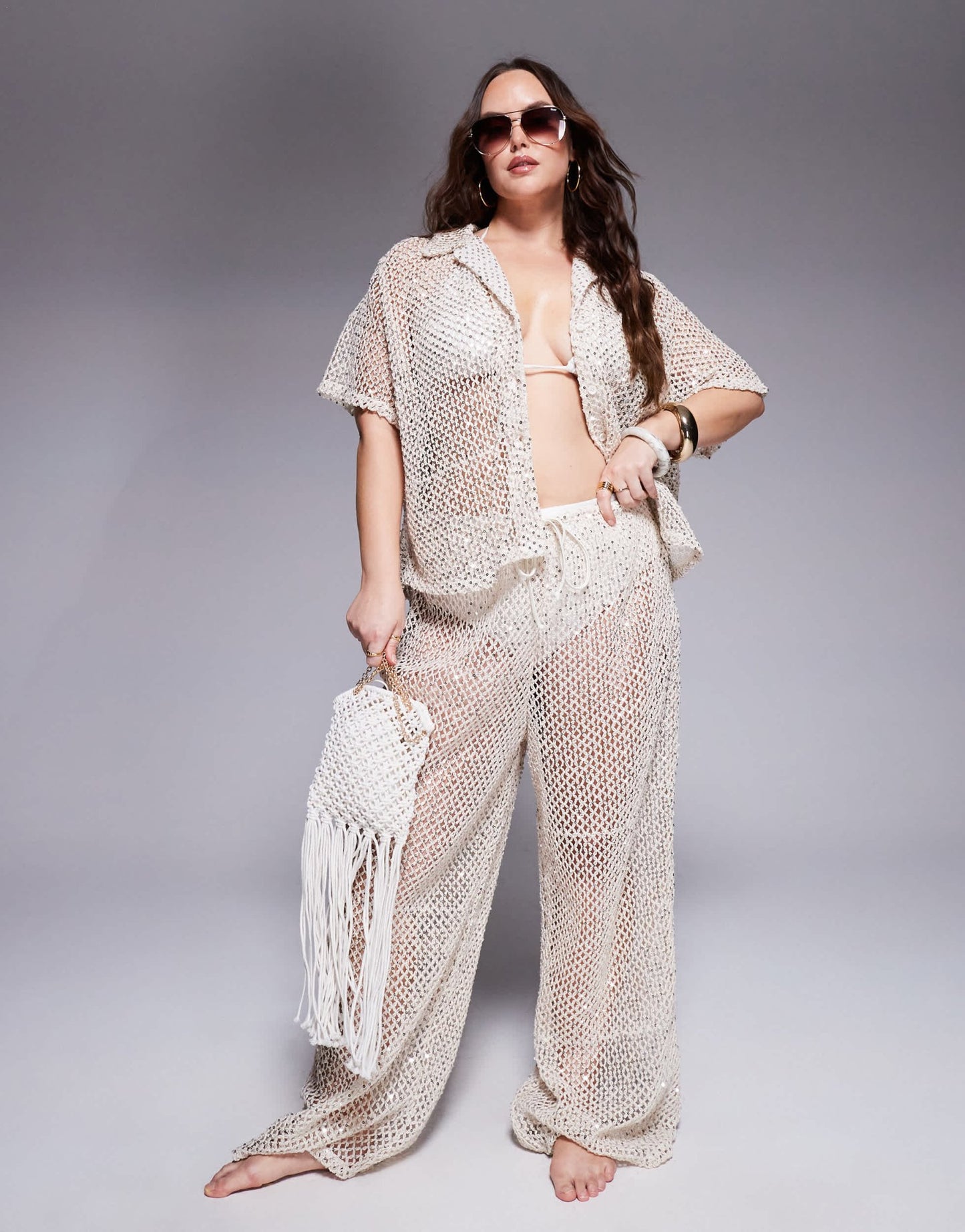 South Beach Curve crochet beach trouser co - ord in cream - ASOS Sample Sale