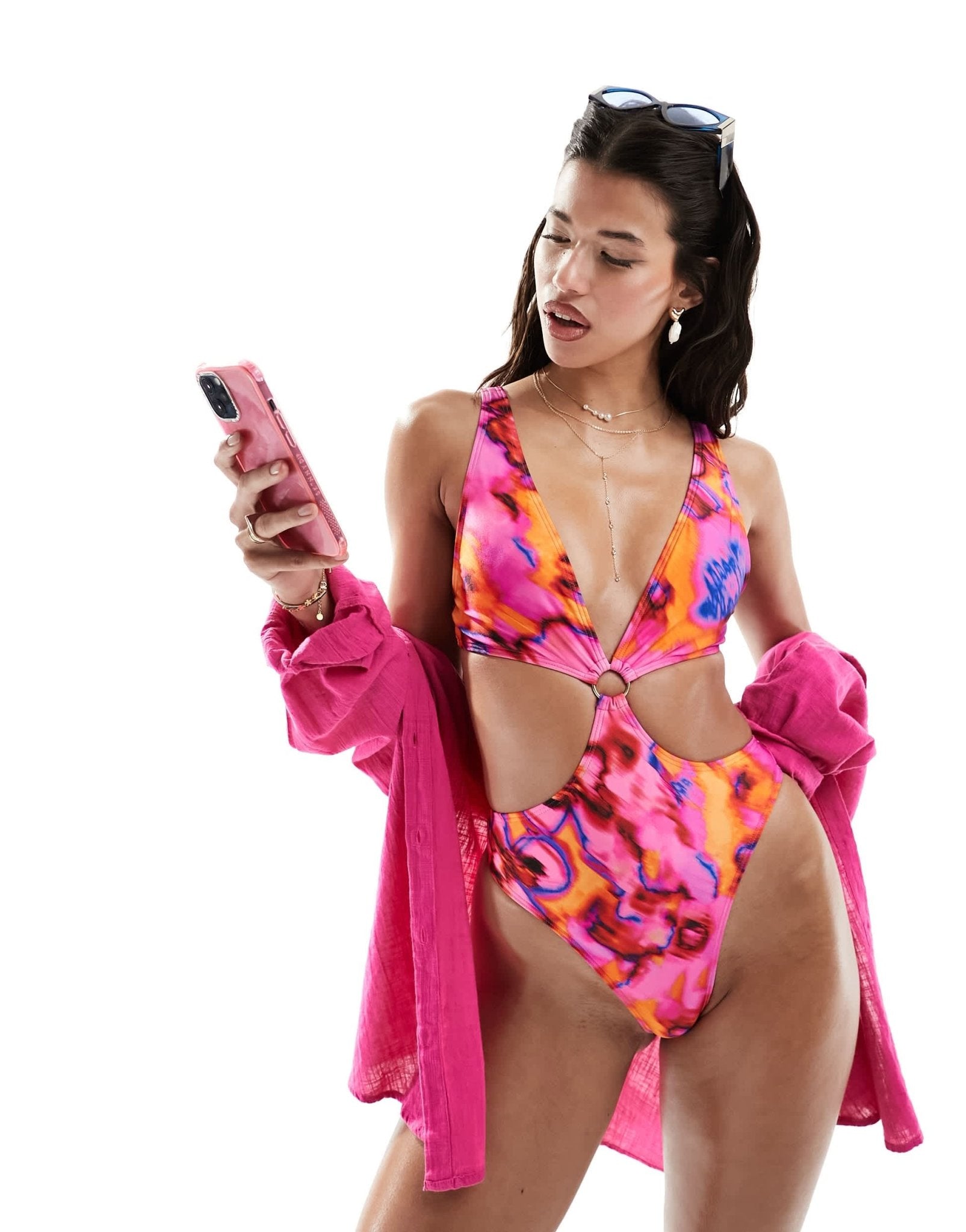 South Beach cut out marble print swimsuit in bright pink abstract print - ASOS Sample Sale