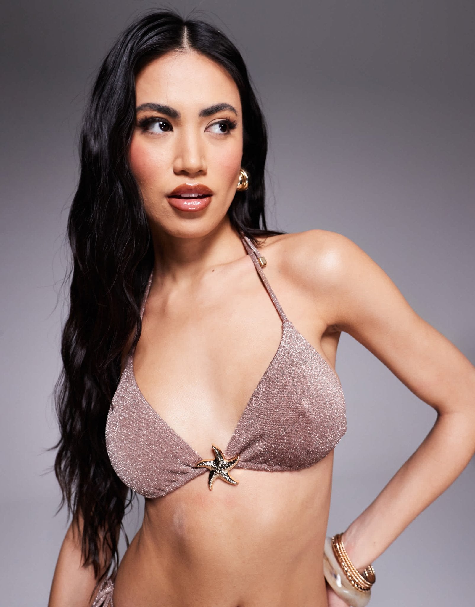 South Beach glitter triangle halter bikini top in taupe - ASOS Sample Sale