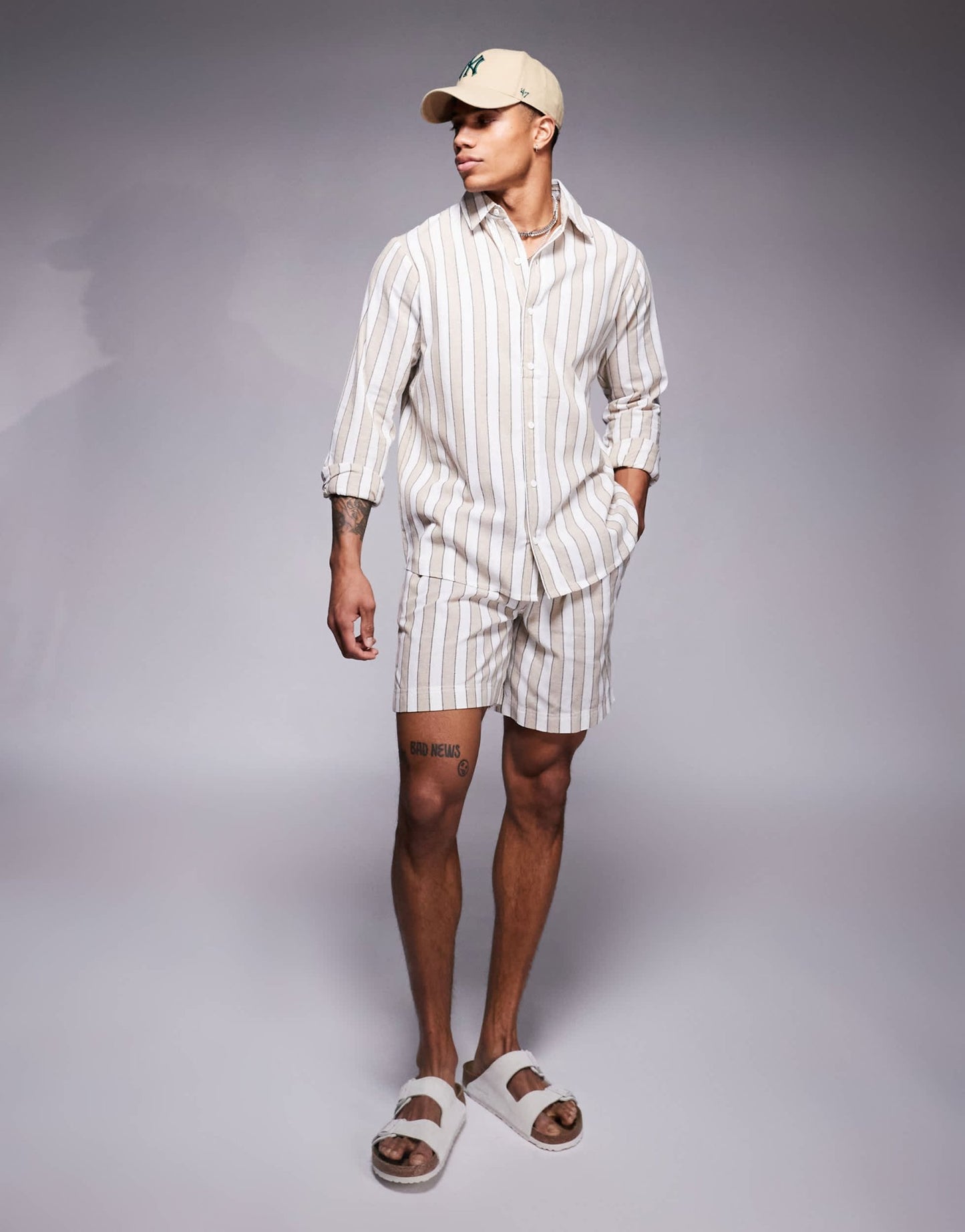 South Beach long sleeve beach shirt in beige and white stripe - ASOS Sample Sale