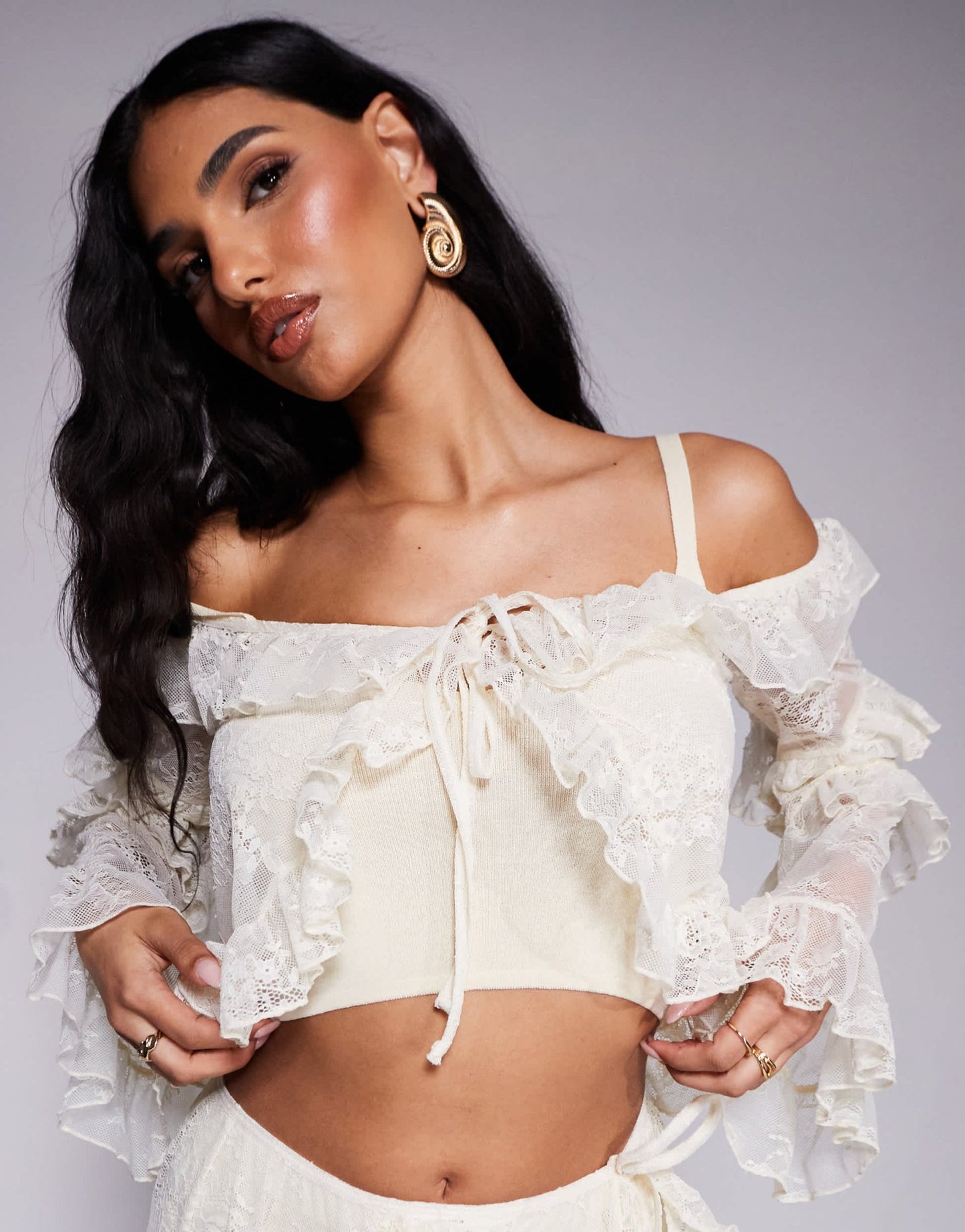 South Beach off shoulder ruffle lace top in cream - ASOS Sample Sale