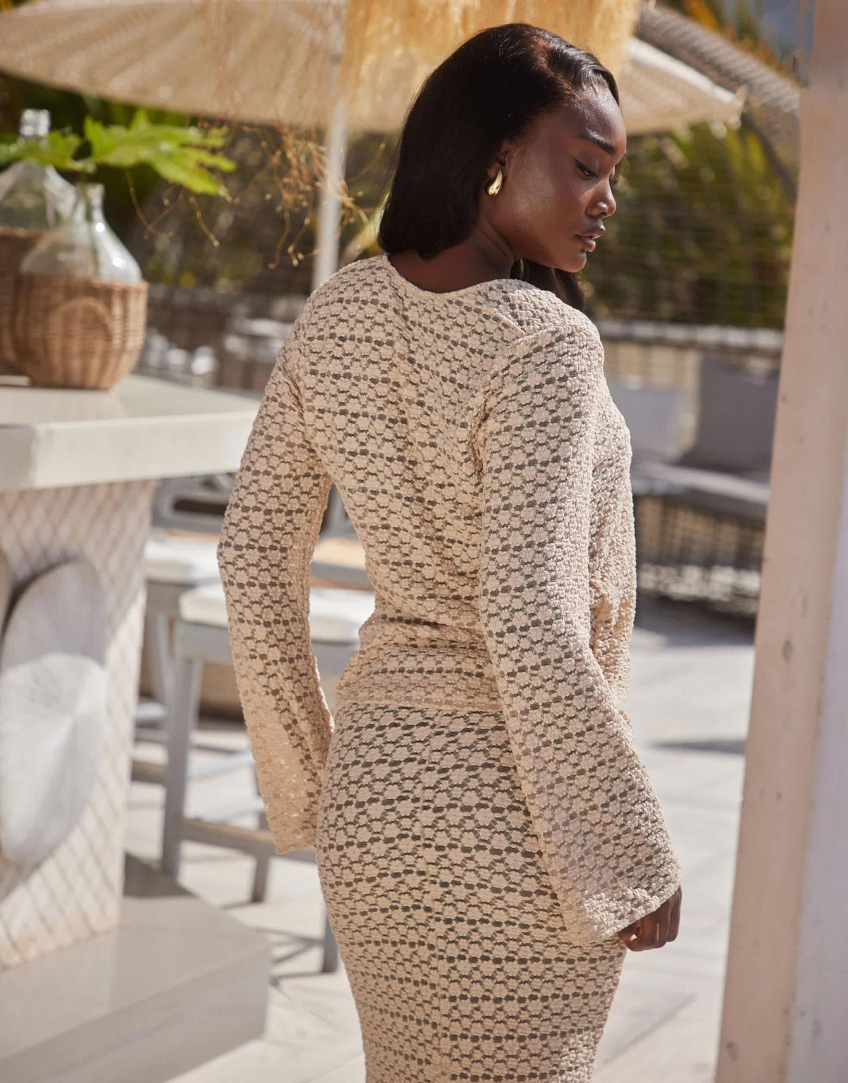 South Beach popcorn knit tie front long sleeve beach top in beige - ASOS Sample Sale