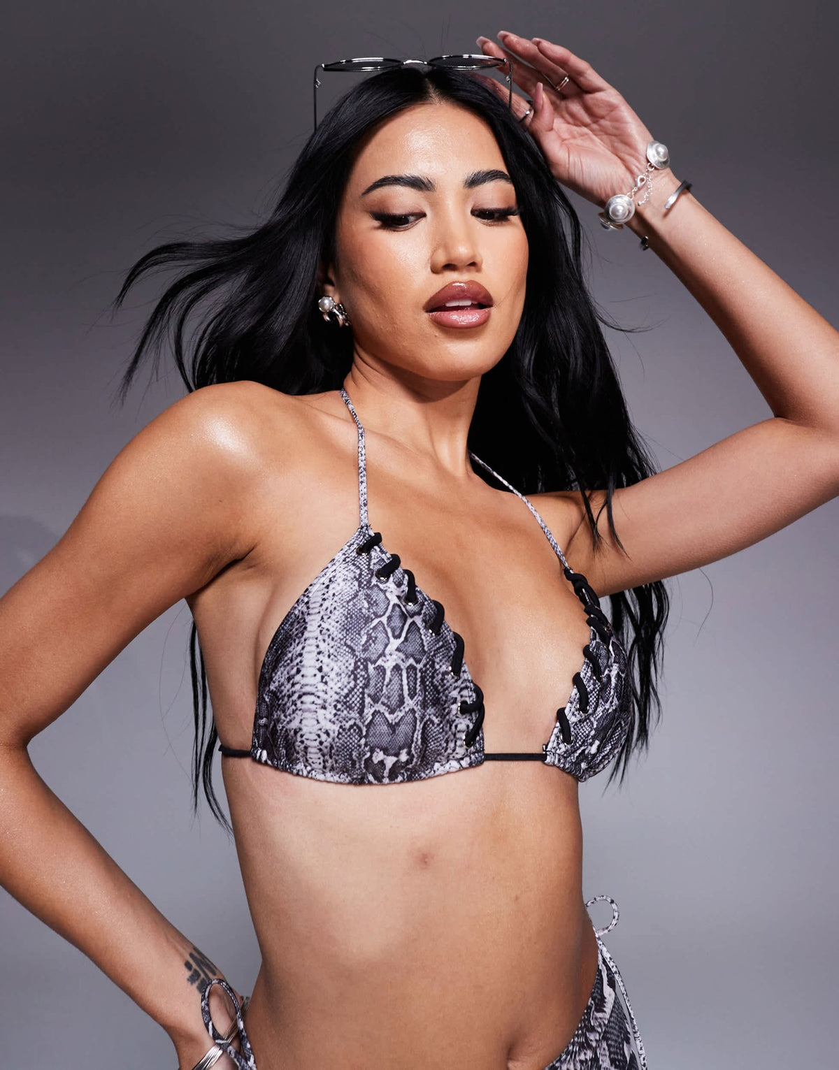South Beach snake print whipstitch triangle bikini top in grey - ASOS Sample Sale