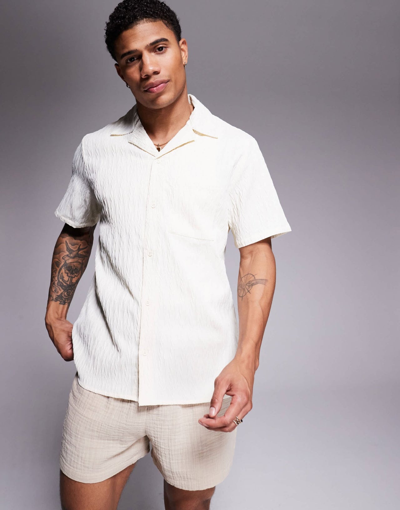 South Beach textured short sleeve beach shirt in cream - ASOS Sample Sale