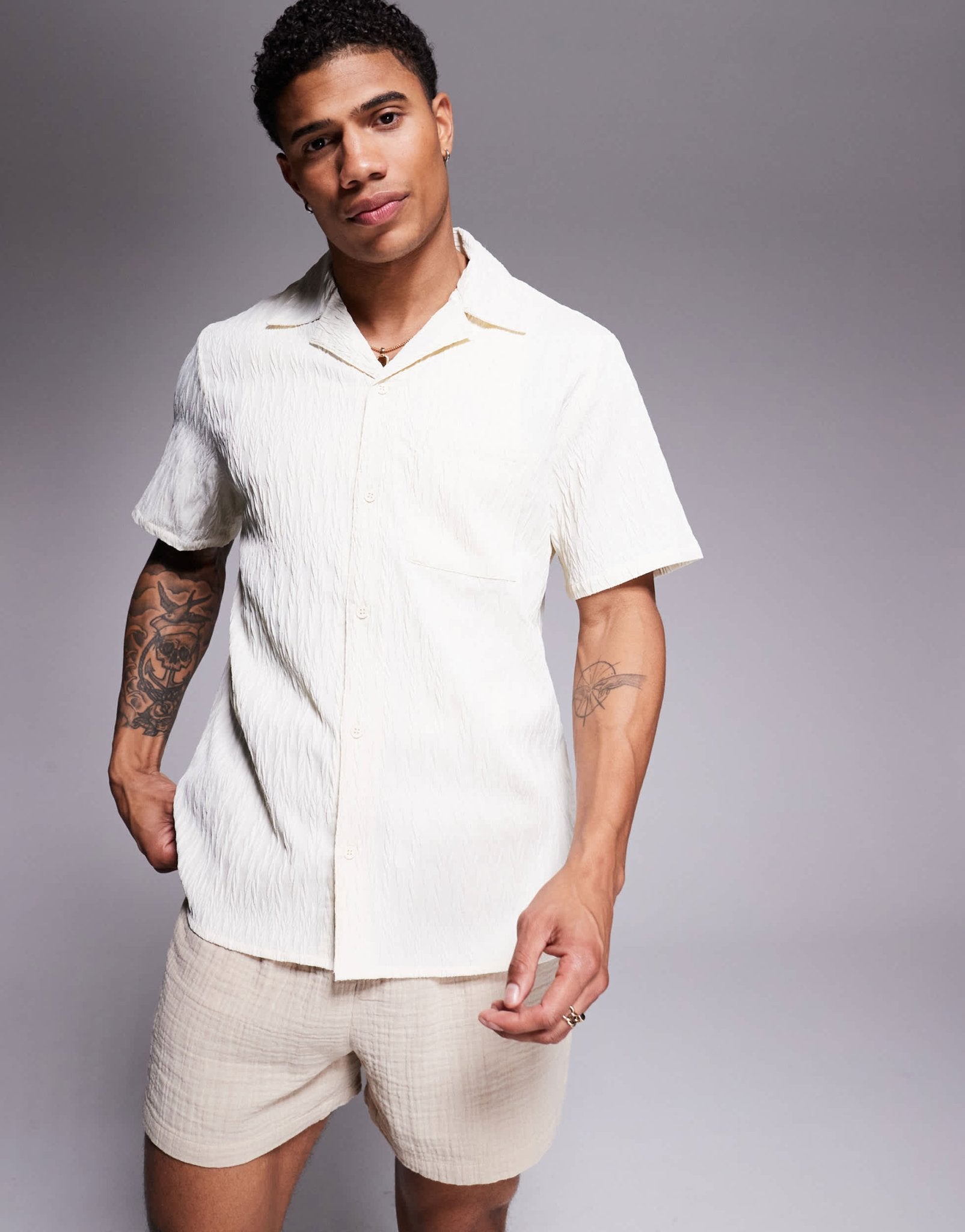 South Beach textured short sleeve beach shirt in cream - ASOS Sample Sale