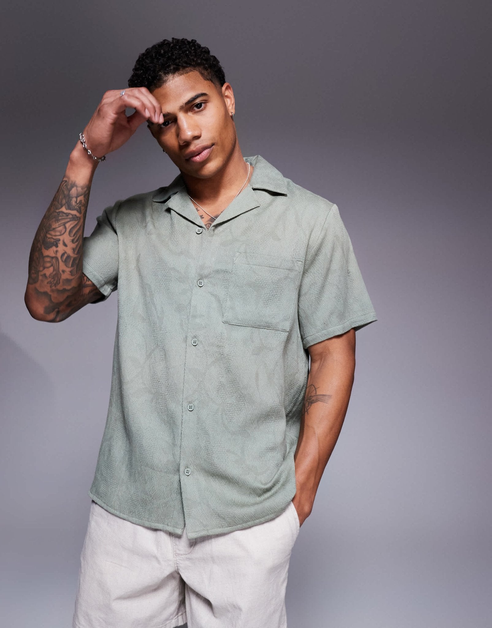 South Beach textured short sleeve beach shirt in green - ASOS Sample Sale