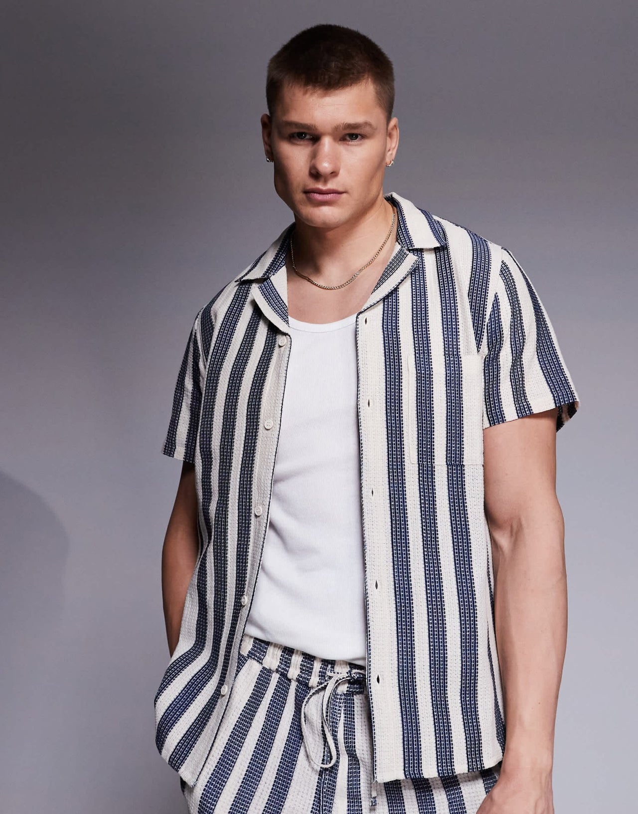South Beach textured stripe short sleeve shirt co - ord in blue - ASOS Sample Sale