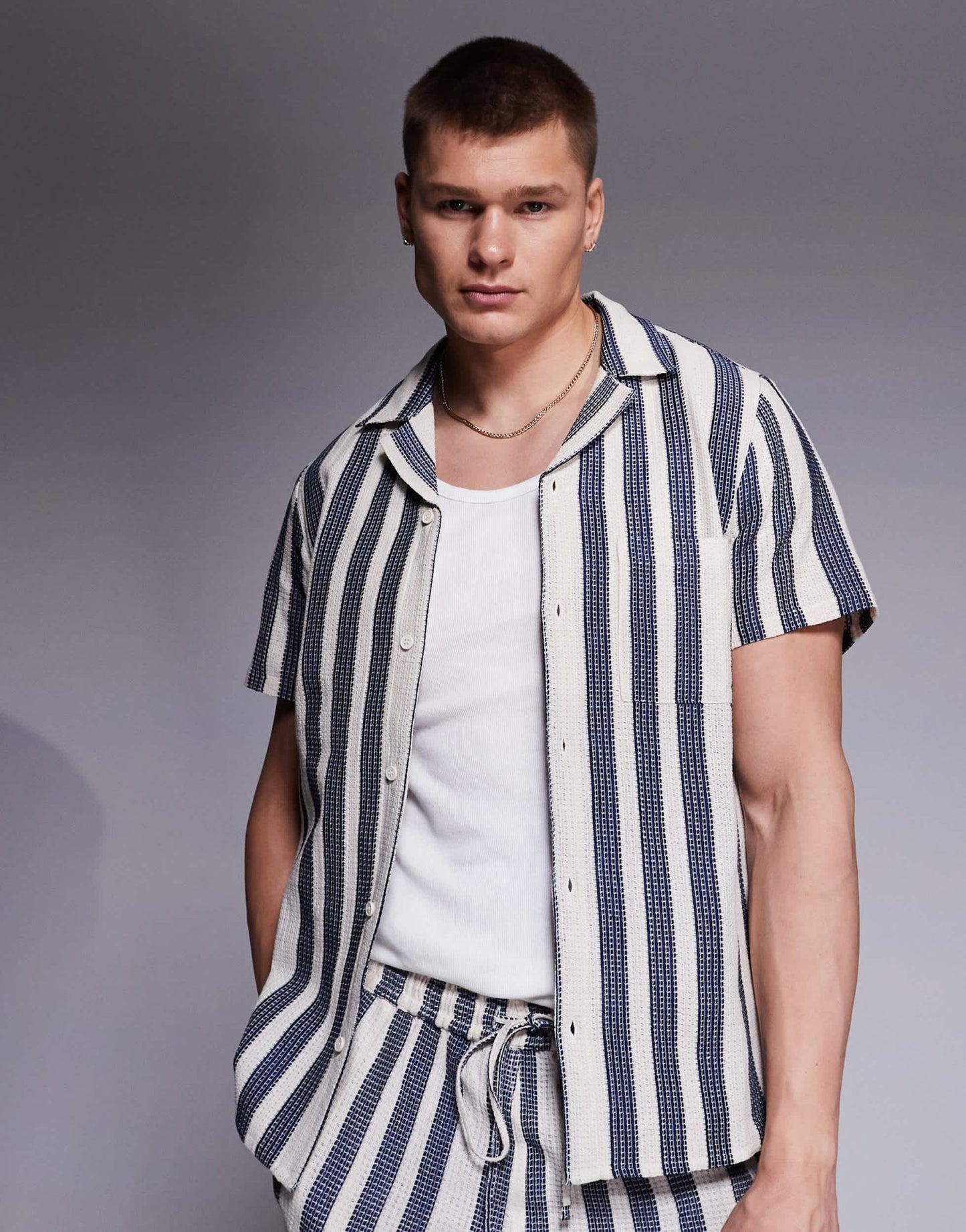 South Beach textured stripe short sleeve shirt co - ord in blue - ASOS Sample Sale