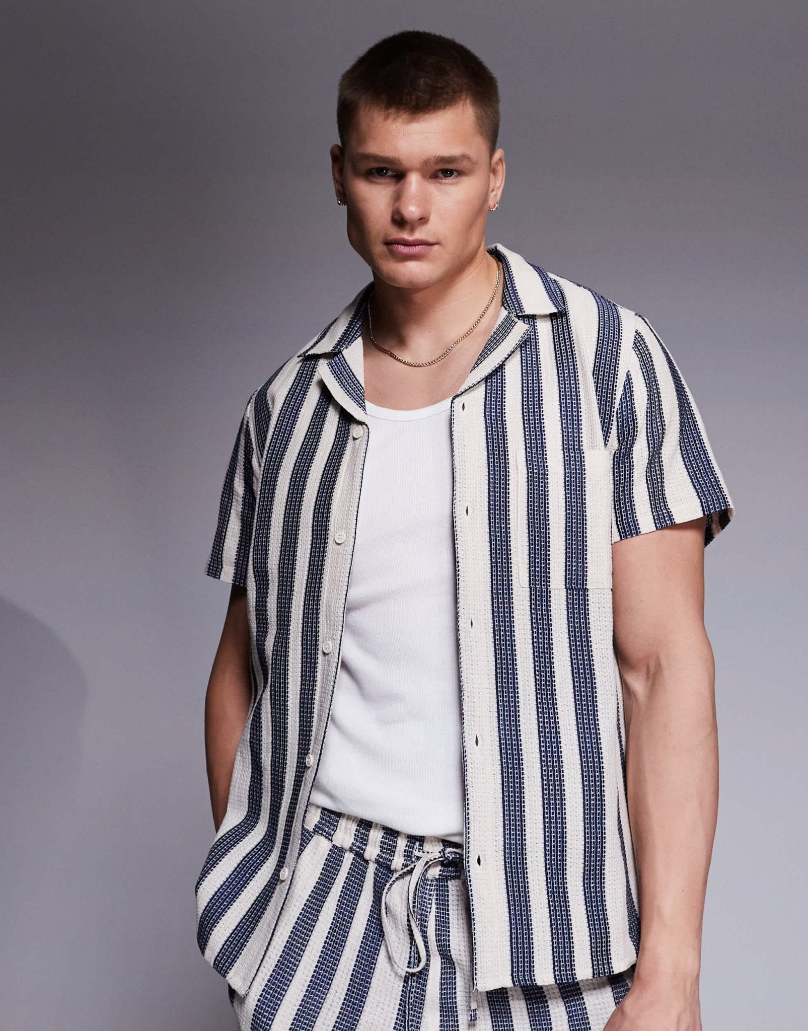South Beach textured stripe short sleeve shirt co - ord in blue - ASOS Sample Sale