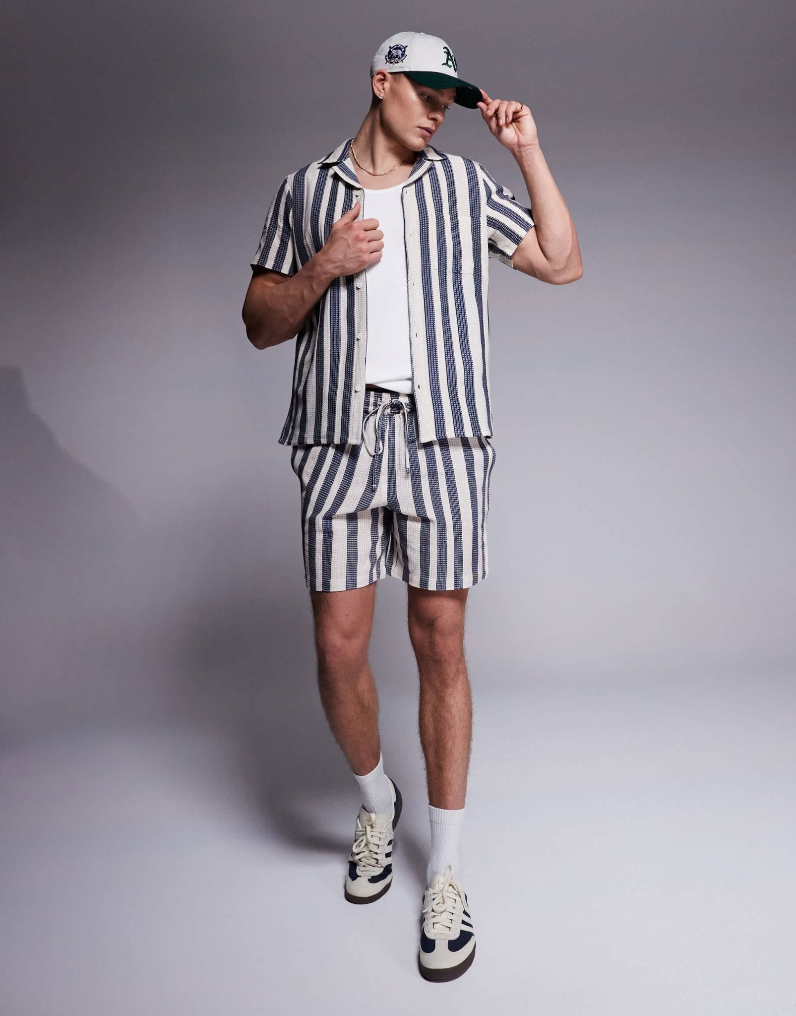 South Beach textured stripe short sleeve shirt co - ord in blue - ASOS Sample Sale